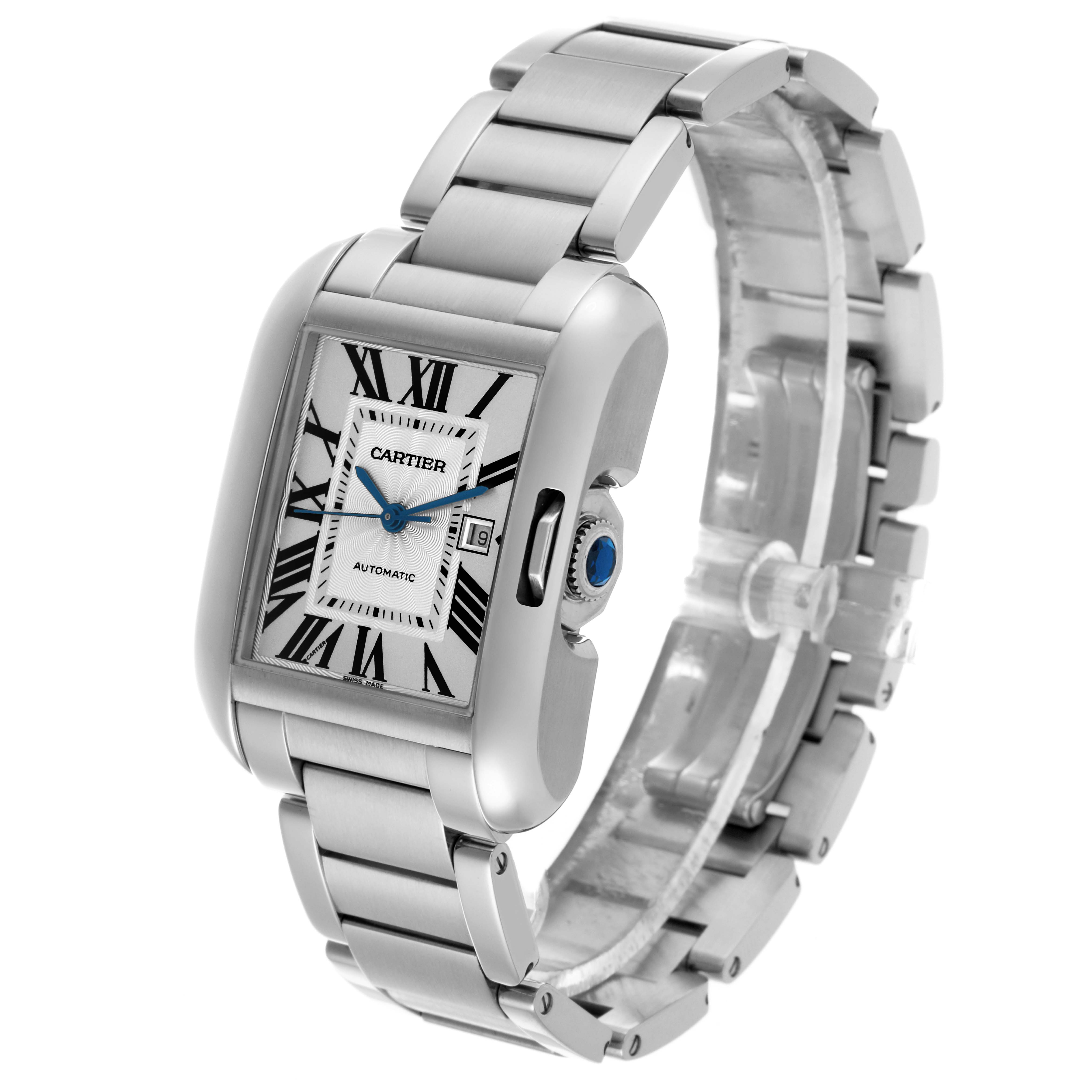 The Cartier Tank Anglaise W5310009 Men's Stainless Steel Silver Dial W5310009 Men's Stainless Steel Silver Dial watch is shown at a slight angle, displaying its face, bracelet, and crown with a blue gem.