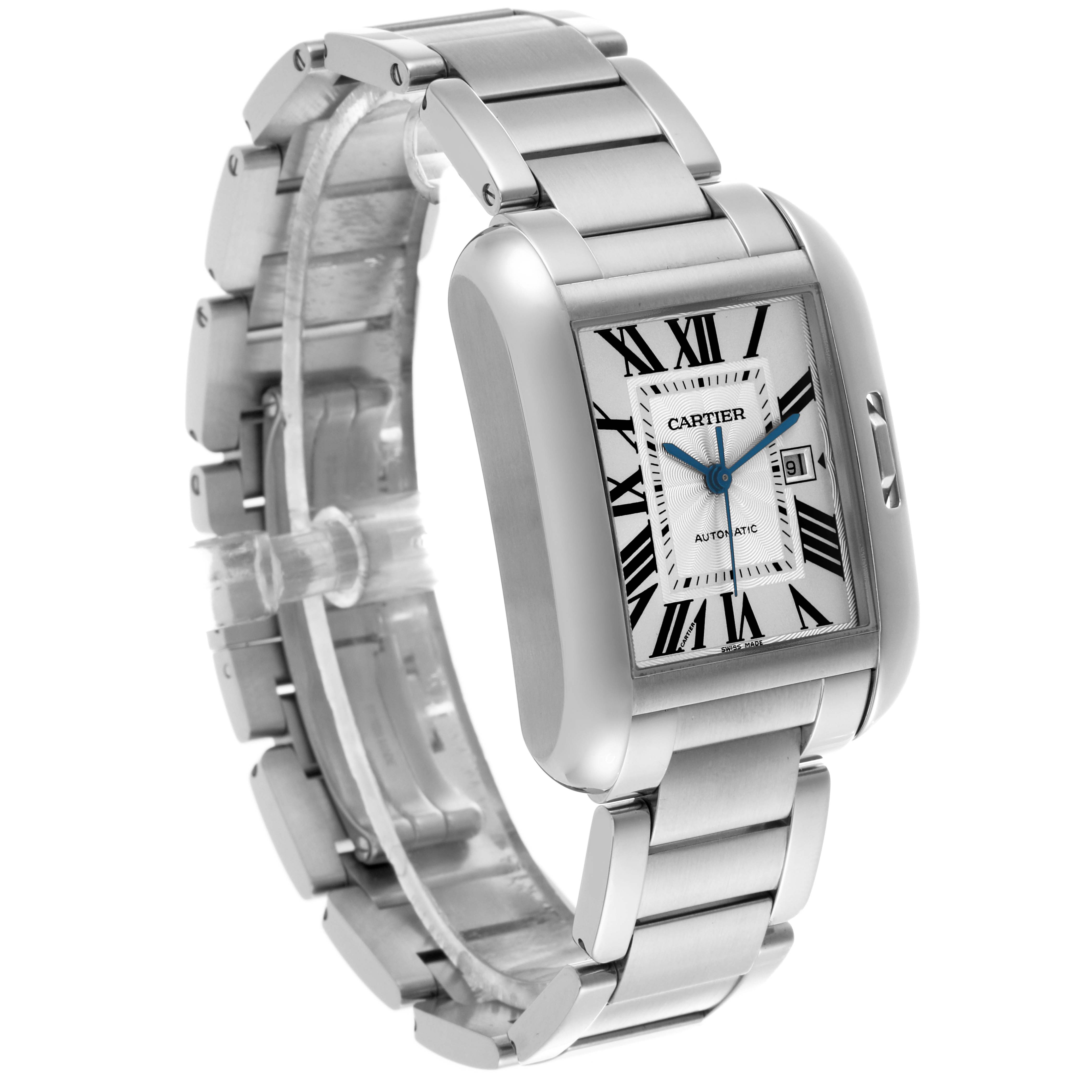 The Cartier Tank Anglaise W5310009 Men's Stainless Steel Silver Dial W5310009 Men's Stainless Steel Silver Dial watch is shown at a three-quarter angle, highlighting the dial, bracelet, and clasp.