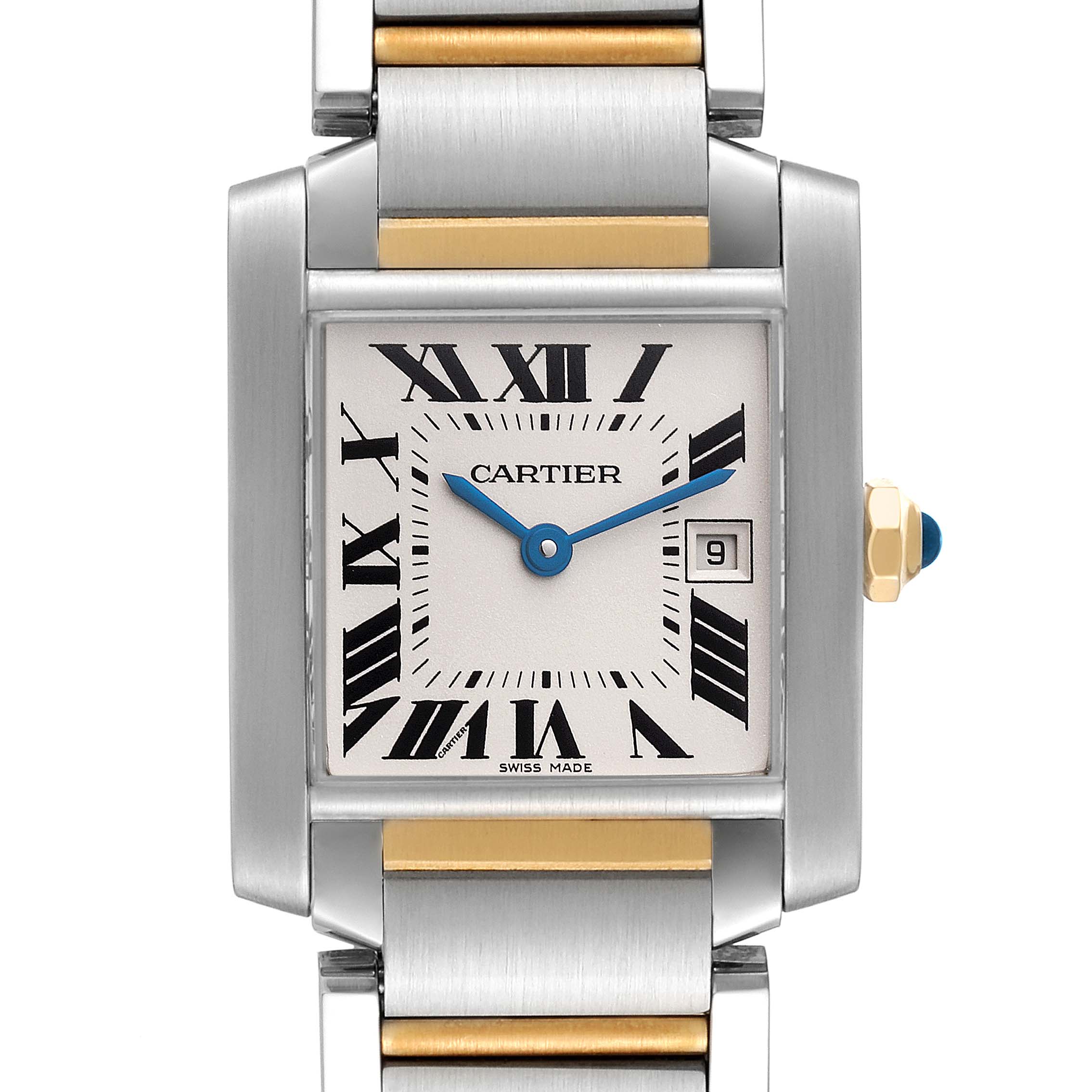 This image shows a front view of the Cartier Tank Francaise W51012Q4 Women's Steel and Gold (two tone) Silver Dial W51012Q4 Women's Steel and Gold (two tone) Silver Dial watch, highlighting the square dial, Roman numerals, and metal bracelet.