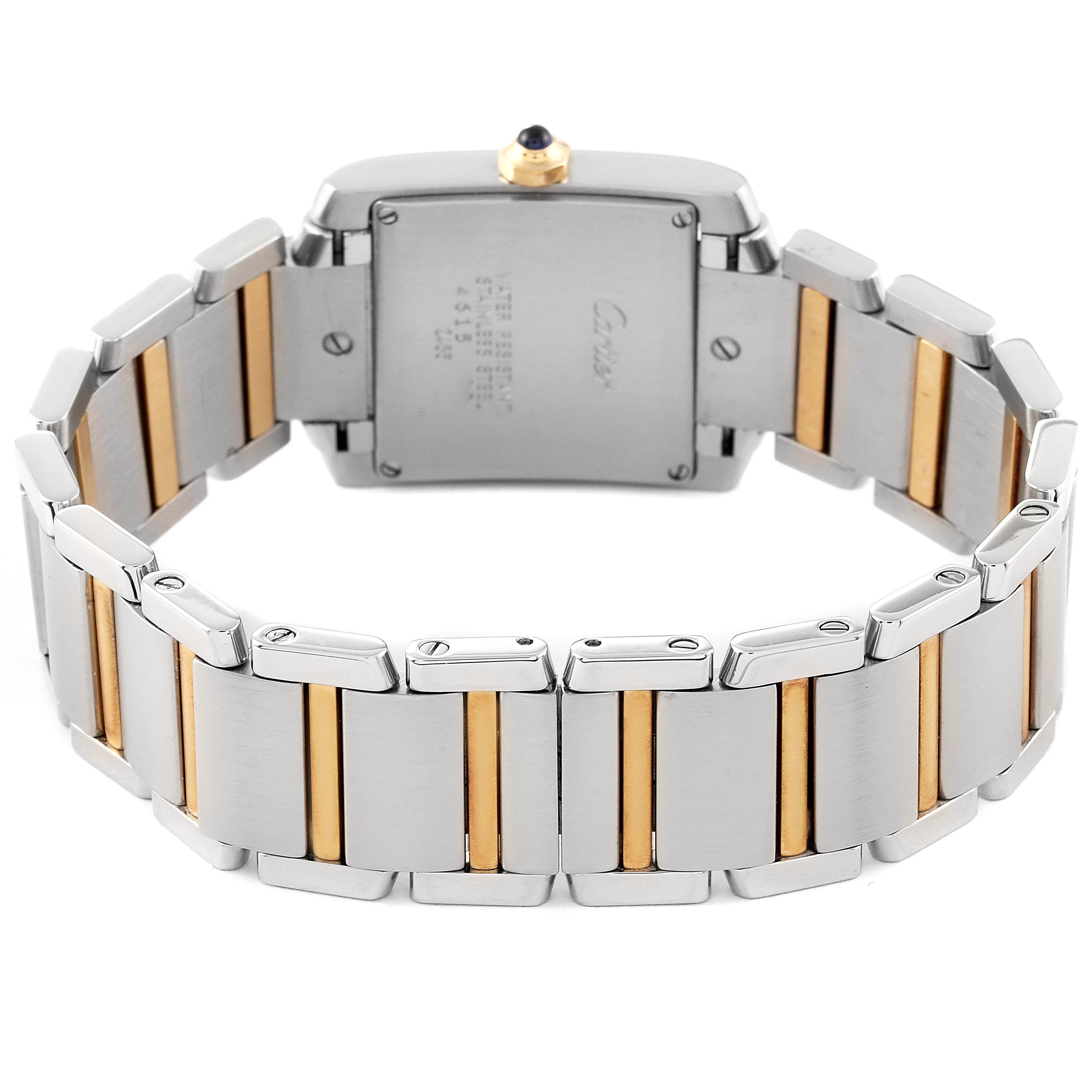The image shows the back and bracelet of a Cartier Tank Francaise W51012Q4 Women's Steel and Gold (two tone) Silver Dial W51012Q4 Women's Steel and Gold (two tone) Silver Dial watch, highlighting its two-tone metal design.