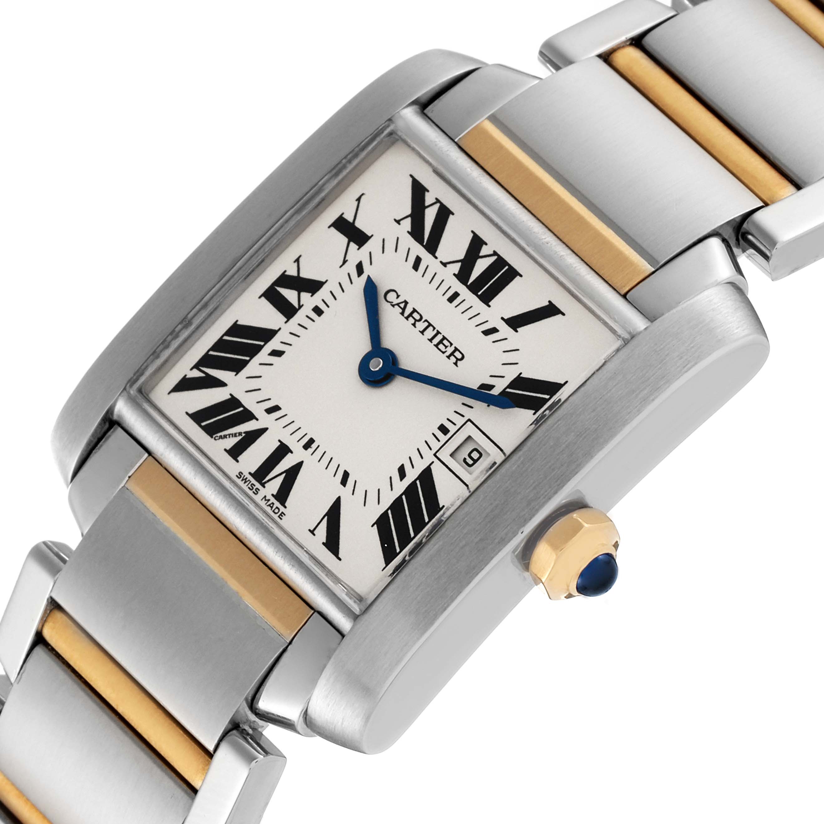 The image shows a close-up of the Cartier Tank Française watch face and part of its bracelet, highlighting the Roman numerals and the blue sapphire crown.