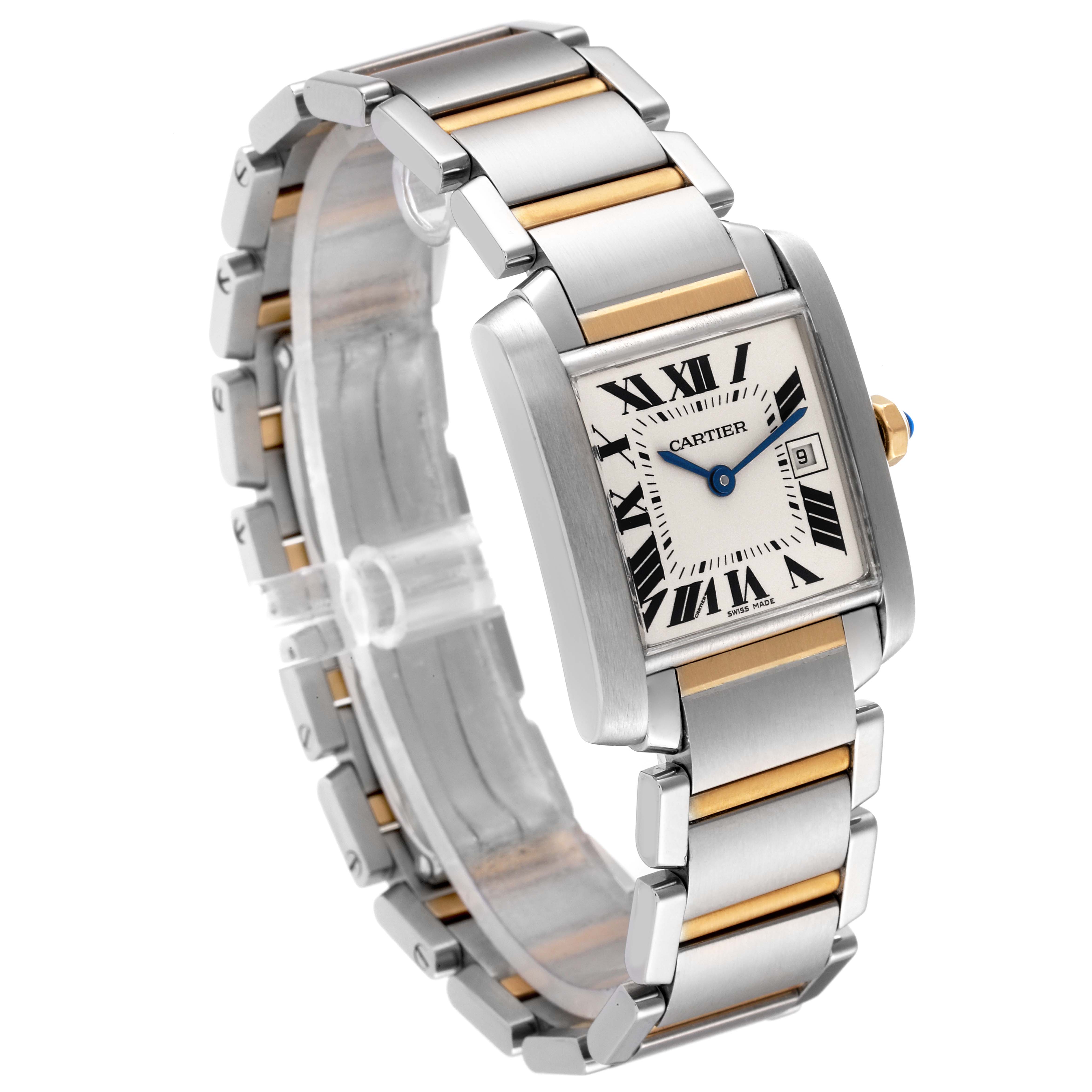 The Cartier Tank Francaise W51012Q4 Women's Steel and Gold (two tone) Silver Dial W51012Q4 Women's Steel and Gold (two tone) Silver Dial watch is shown at an angle highlighting the bracelet, casing, and clasp.