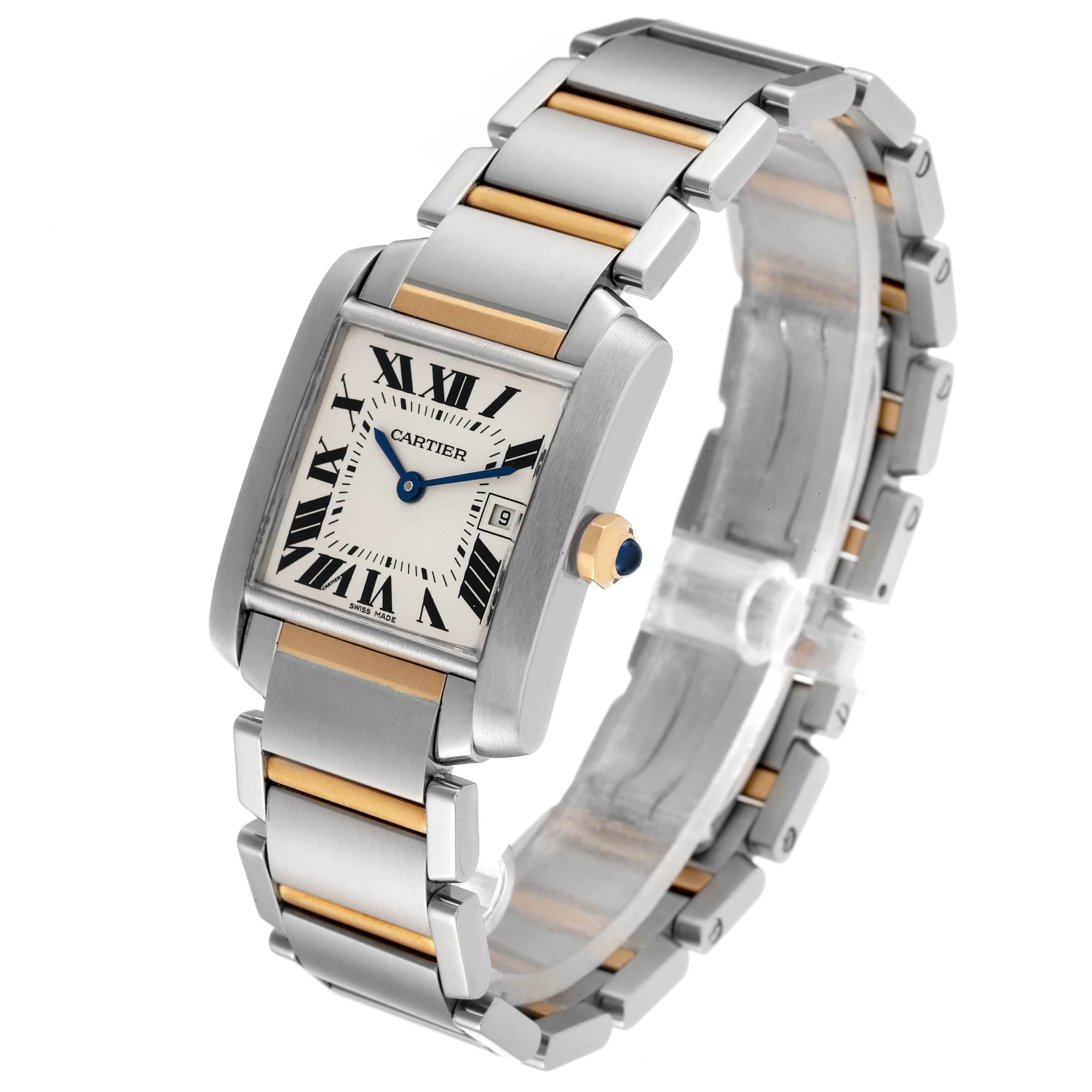 This image shows a Cartier Tank Francaise W51012Q4 Women's Steel and Gold (two tone) Silver Dial W51012Q4 Women's Steel and Gold (two tone) Silver Dial watch from an angled perspective, highlighting its bracelet, face, and crown.
