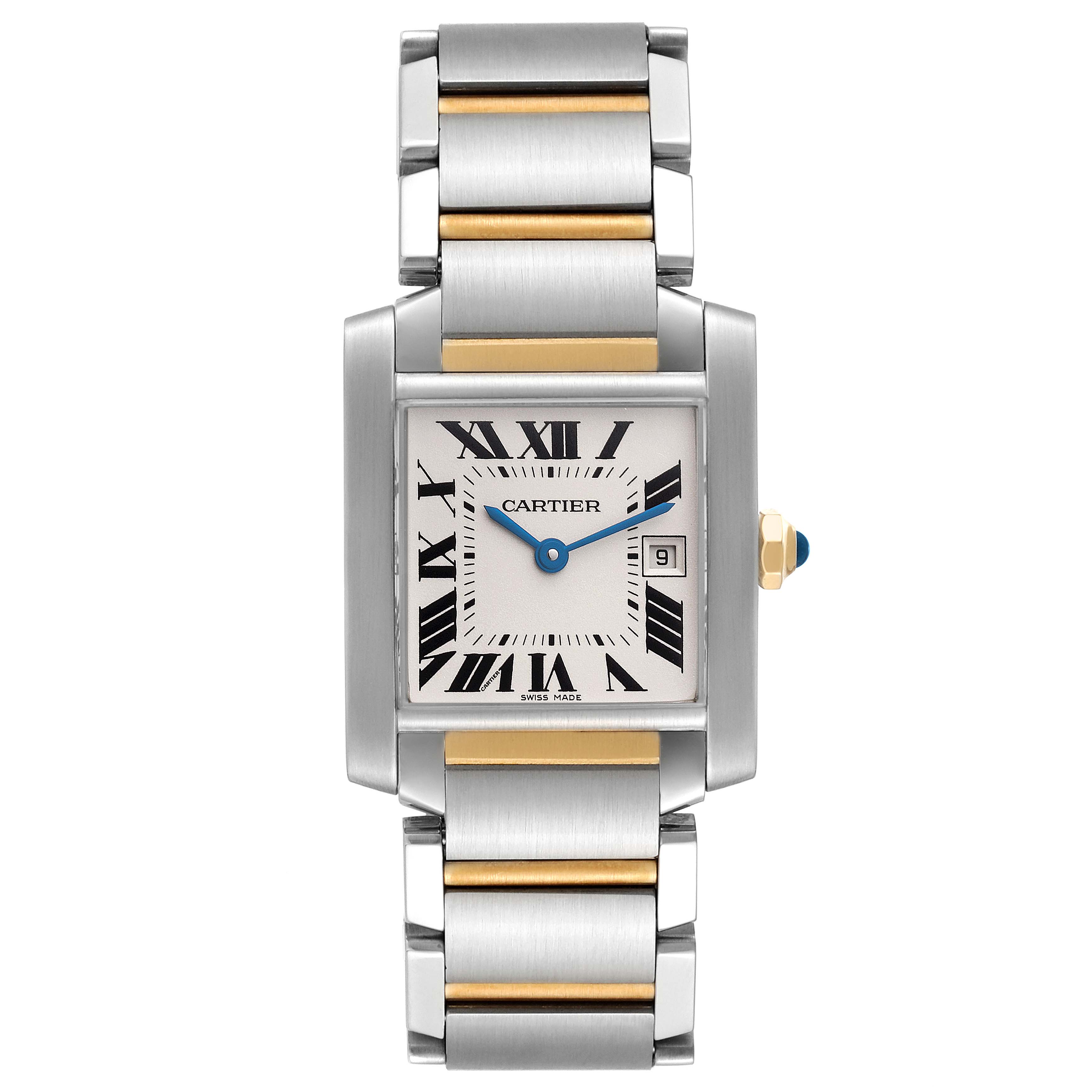 The image shows a frontal view of the Cartier Tank Francaise W51012Q4 Women's Steel and Gold (two tone) Silver Dial W51012Q4 Women's Steel and Gold (two tone) Silver Dial watch, displaying its face, bezel, and part of the bracelet.