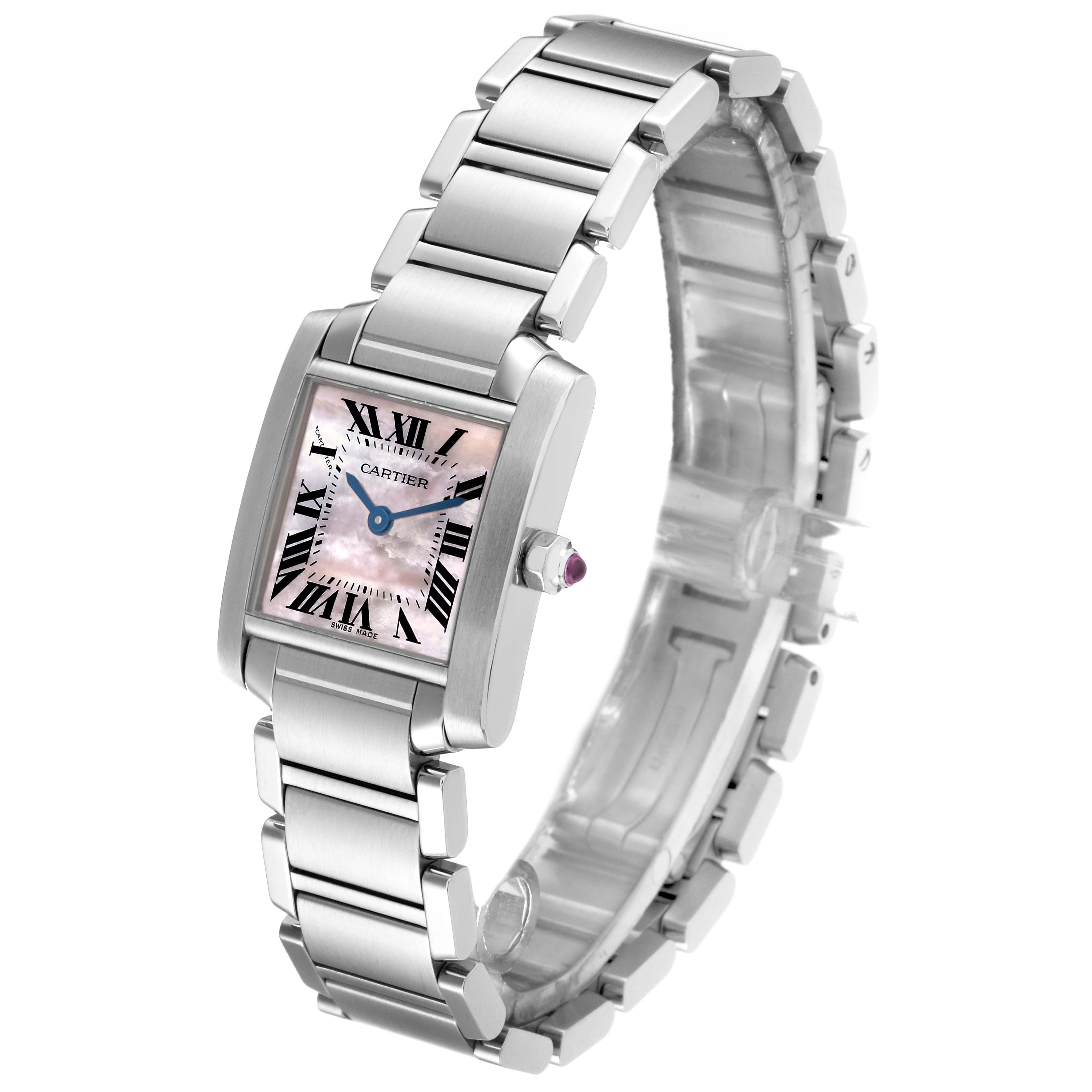 The image shows a Tank Francaise by Cartier at an angled side view highlighting the bracelet and pink-tinged square dial with Roman numerals.