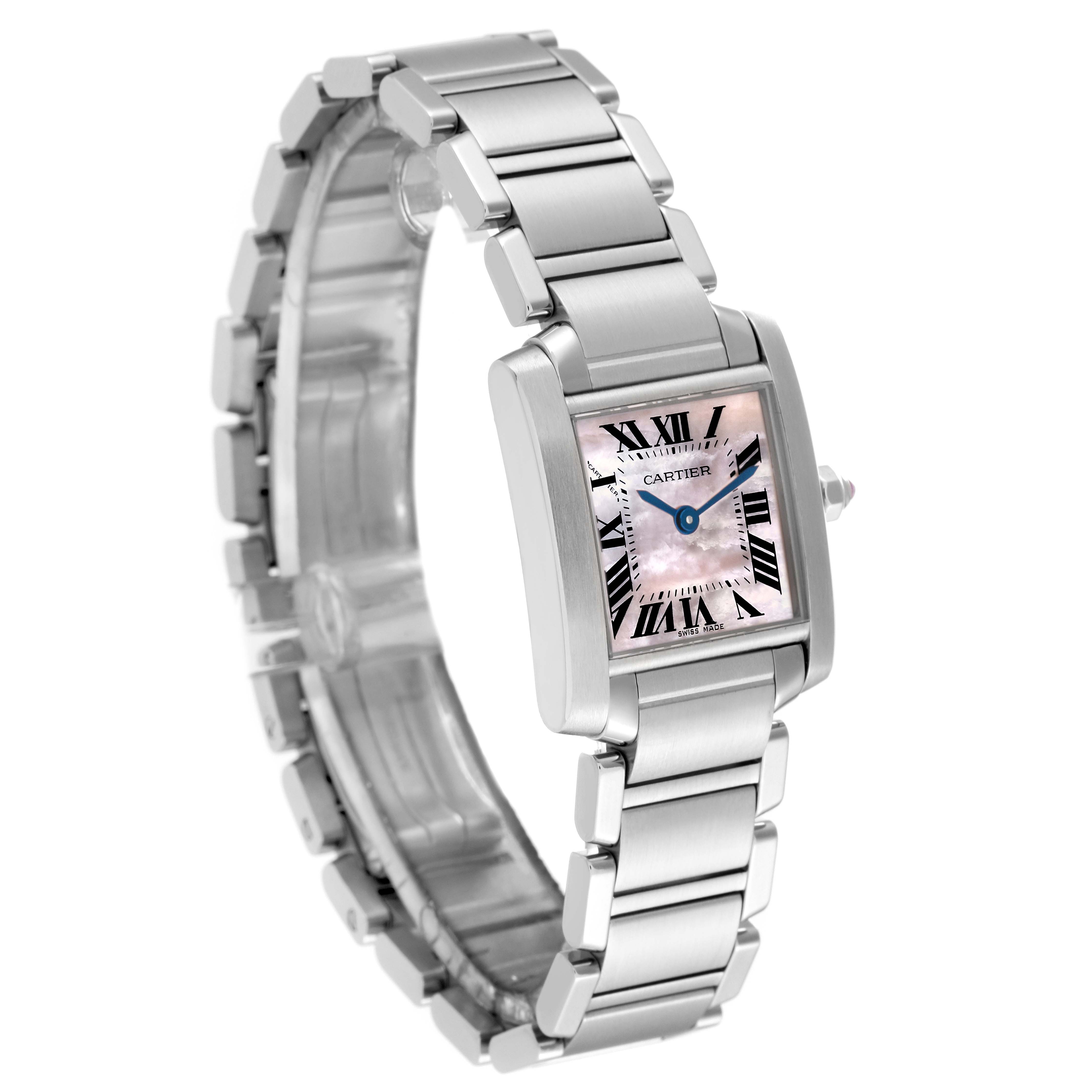 This image shows a front and side view of a Cartier Tank Francaise W51028Q3 Women's Stainless Steel Mother of Pearl Dial W51028Q3 Women's Stainless Steel Mother of Pearl Dial watch, highlighting the face and bracelet.