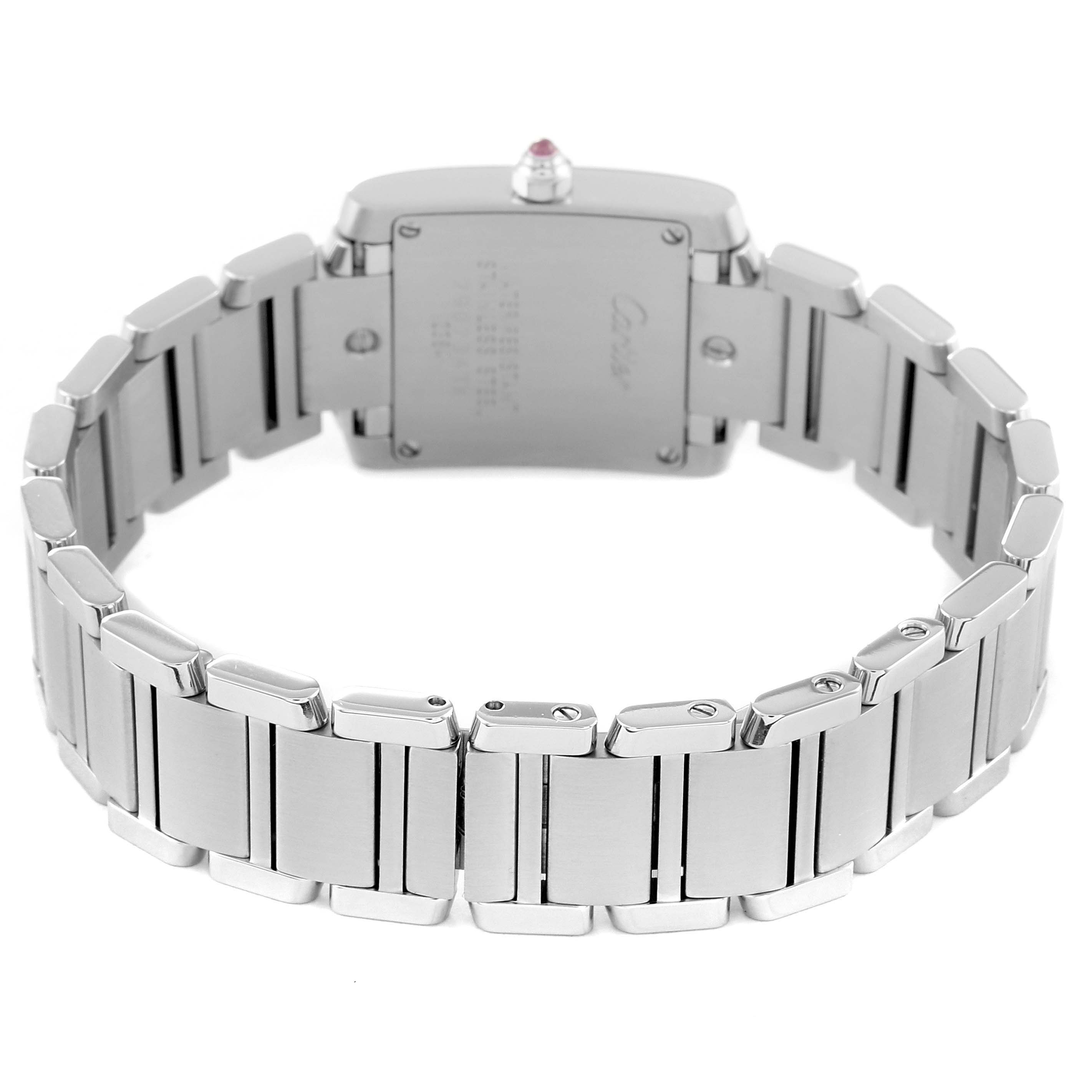 The image shows the back view and bracelet of the Cartier Tank Francaise W51028Q3 Women's Stainless Steel Mother of Pearl Dial W51028Q3 Women's Stainless Steel Mother of Pearl Dial watch.