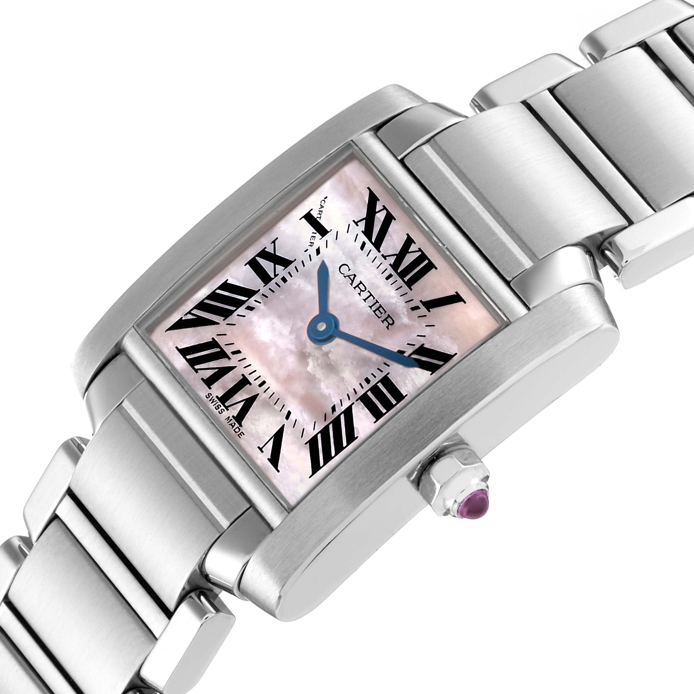The image shows a close-up angle of a Cartier Tank Française watch, highlighting the face, Roman numeral markers, and metal bracelet.