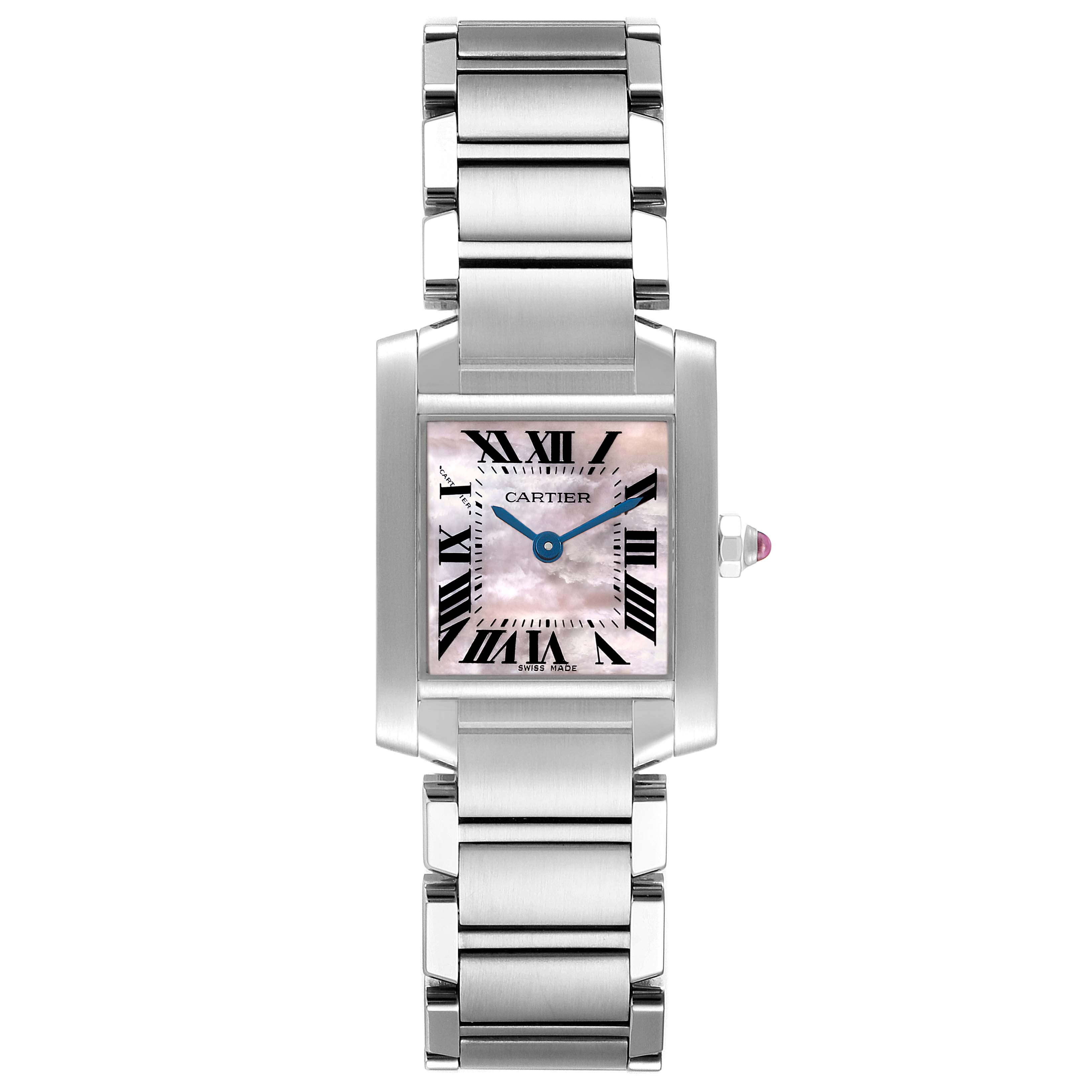 The image shows a frontal view of a Cartier Tank Francaise W51028Q3 Women's Stainless Steel Mother of Pearl Dial W51028Q3 Women's Stainless Steel Mother of Pearl Dial watch, displaying its face, bracelet, and crown with a pink jewel.