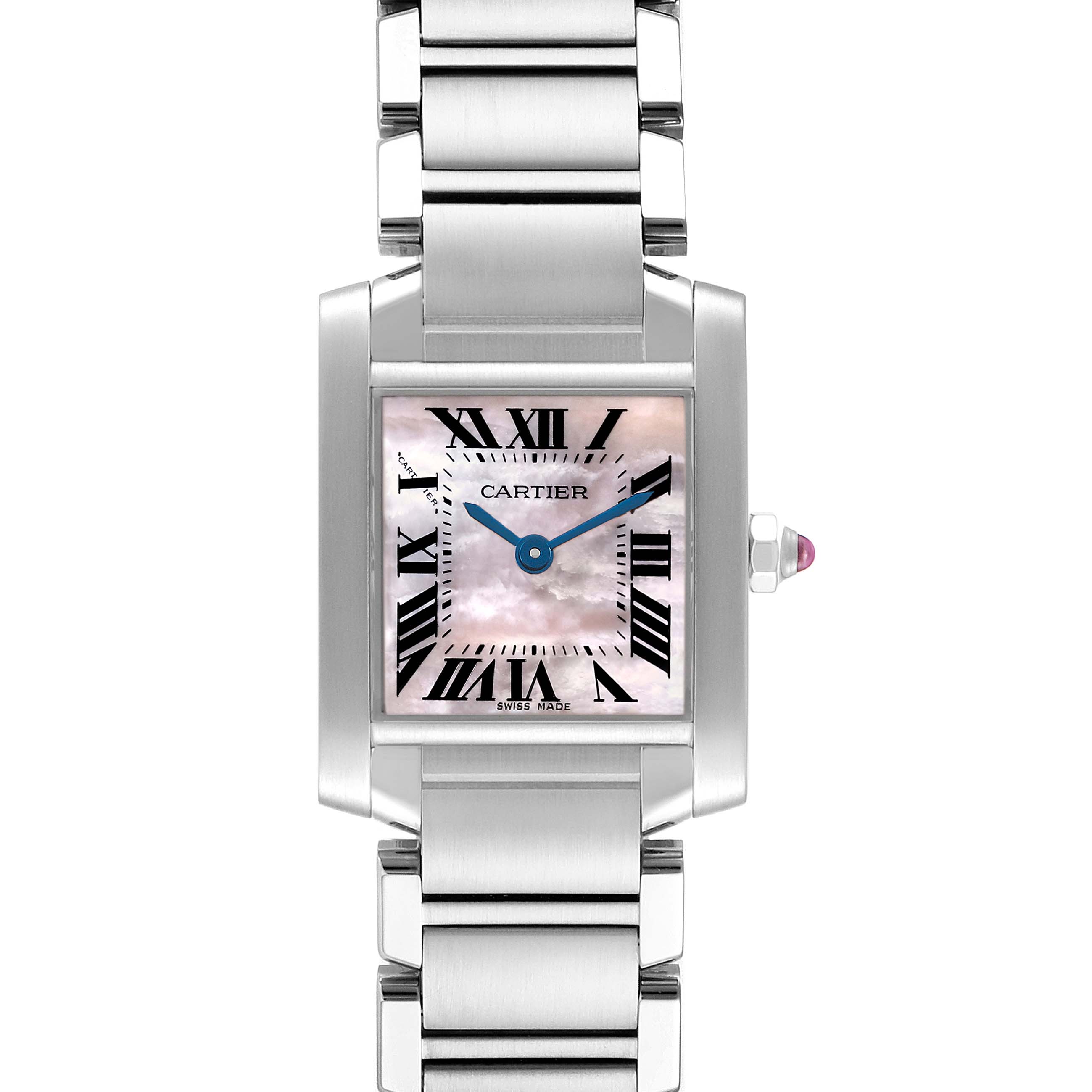 This image shows a front view of the Cartier Tank Francaise W51028Q3 Women's Stainless Steel Mother of Pearl Dial W51028Q3 Women's Stainless Steel Mother of Pearl Dial watch, highlighting its face, hands, and part of the bracelet.