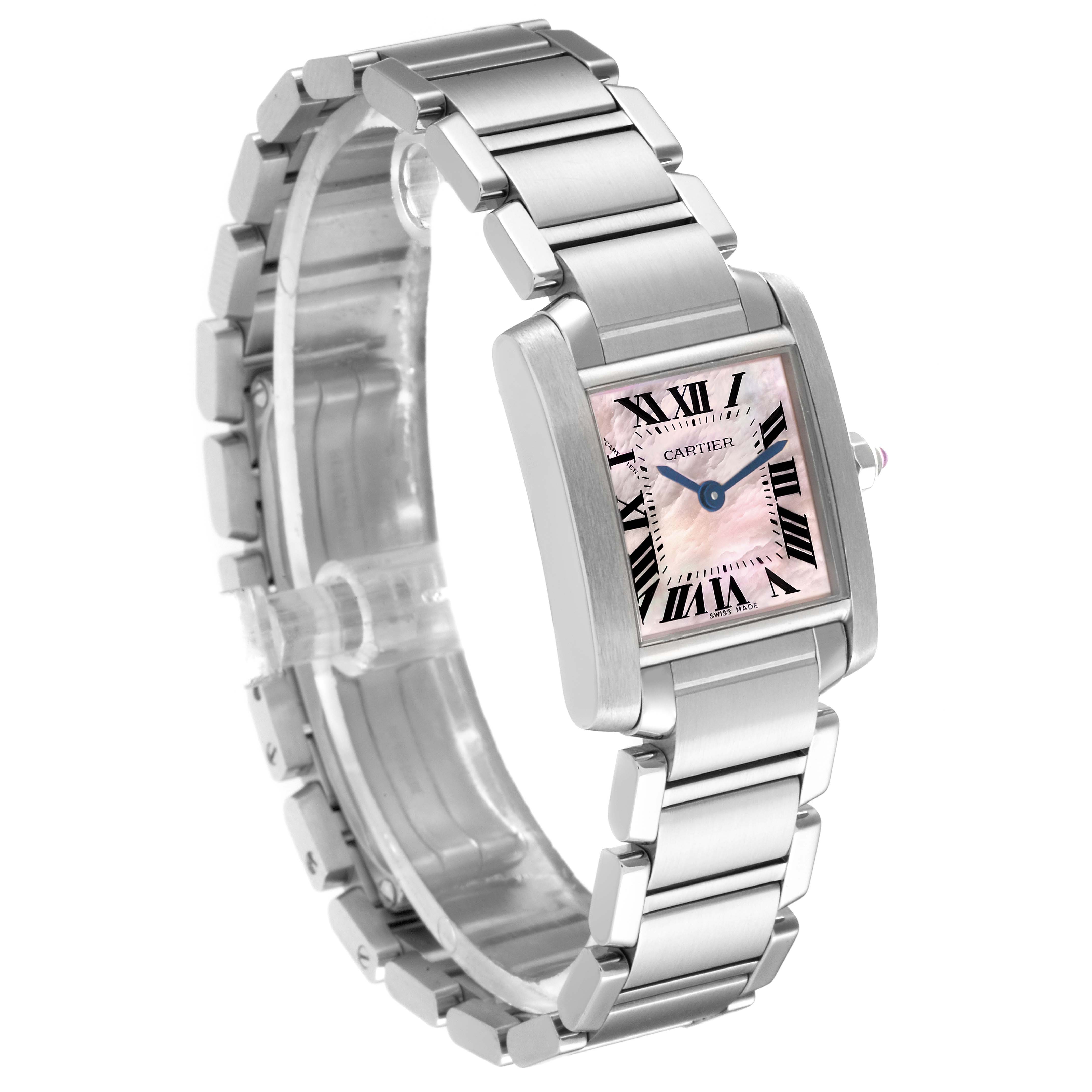 This image shows a Cartier Tank Francaise W51028Q3 Women's Stainless Steel Mother of Pearl Dial W51028Q3 Women's Stainless Steel Mother of Pearl Dial watch angled to display the face, band, and side profile.