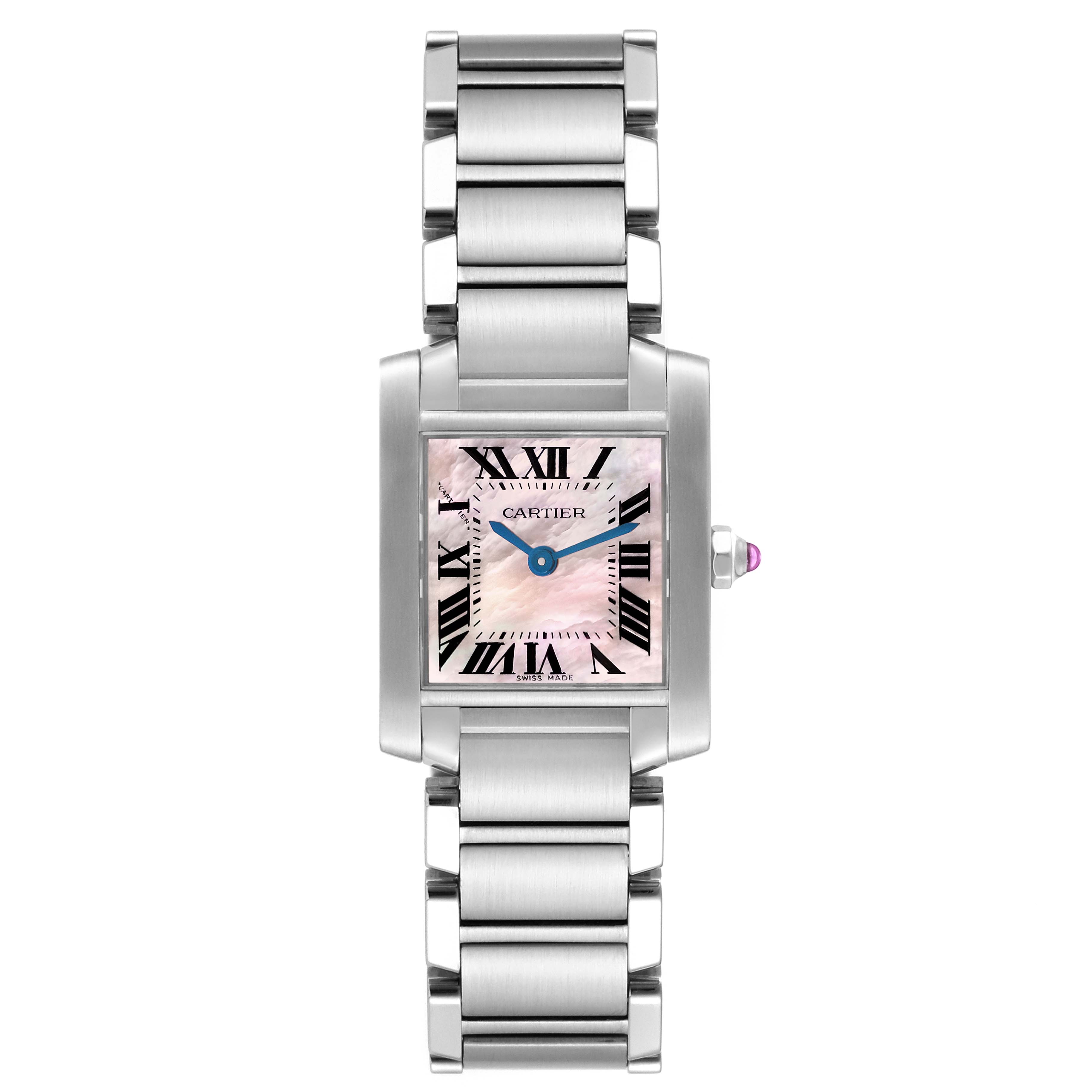 This is a front view of a Cartier Tank Francaise W51028Q3 Women's Stainless Steel Mother of Pearl Dial W51028Q3 Women's Stainless Steel Mother of Pearl Dial watch showcasing its square dial, stainless steel bracelet, and Roman numeral indices.