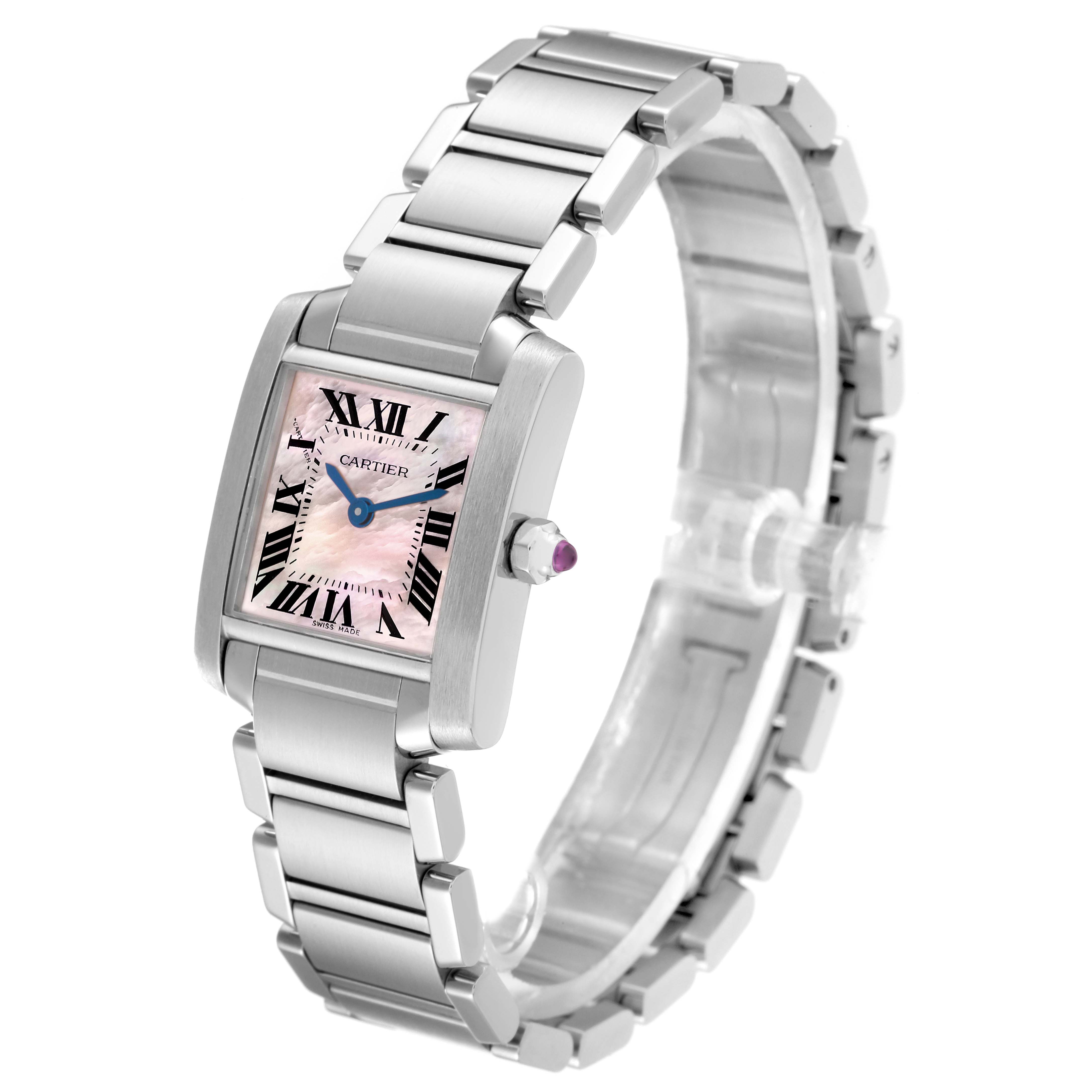 This image shows an angled view of the Cartier Tank Francaise W51028Q3 Women's Stainless Steel Mother of Pearl Dial W51028Q3 Women's Stainless Steel Mother of Pearl Dial watch with a stainless steel bracelet.