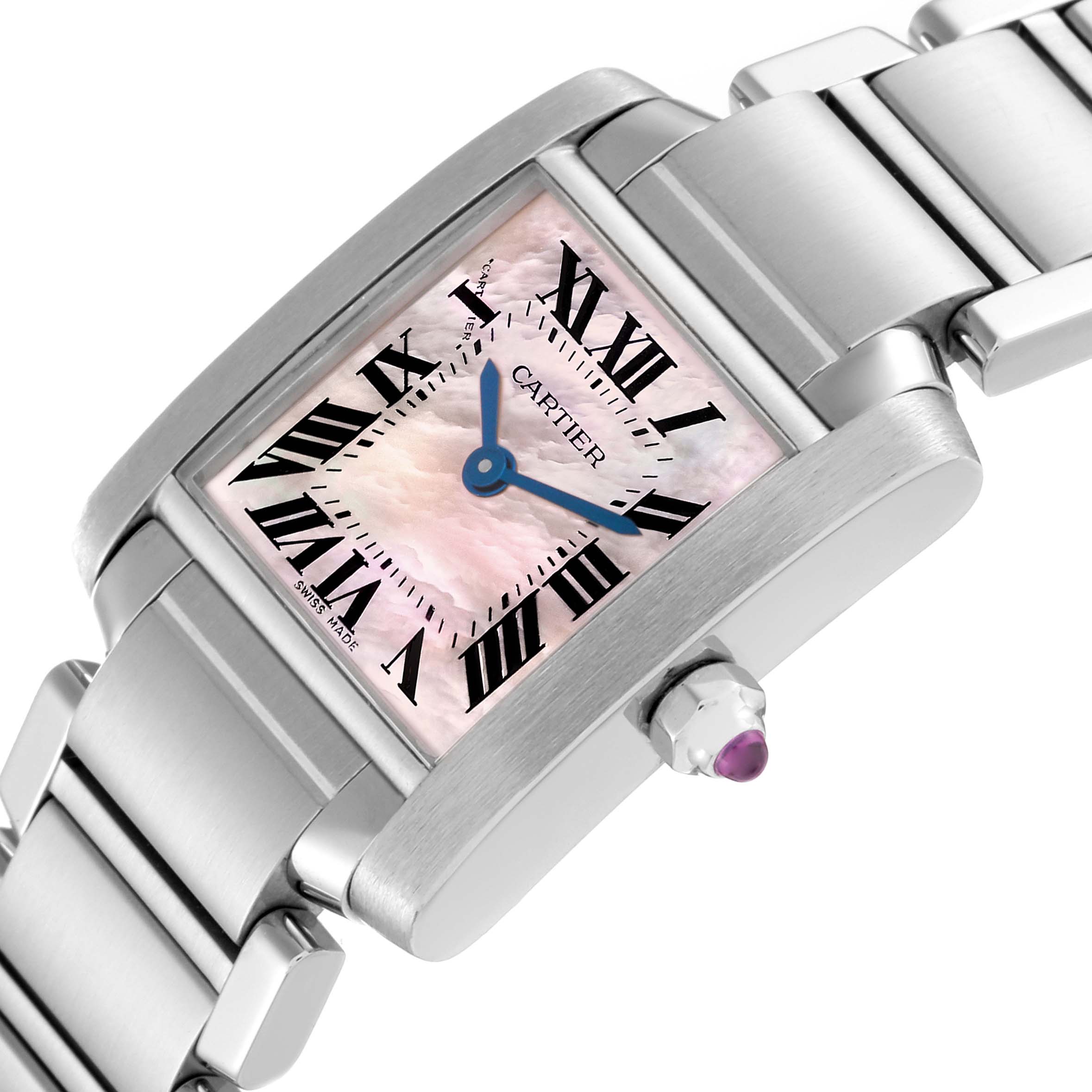 The image shows a close-up angled view of the Cartier Tank Française model, highlighting the face, crown, and part of the bracelet.