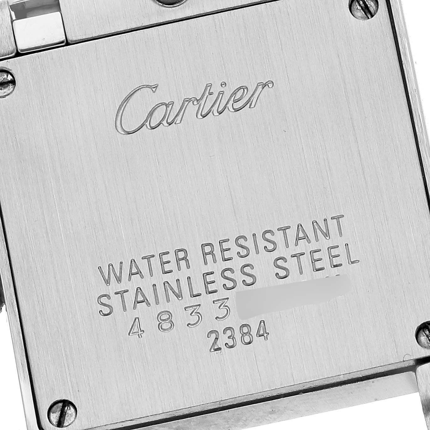 The image shows the case back of a Cartier Tank Francaise W51028Q3 Women's Stainless Steel Mother of Pearl Dial W51028Q3 Women's Stainless Steel Mother of Pearl Dial watch, displaying the brand name and water-resistant stainless steel details.