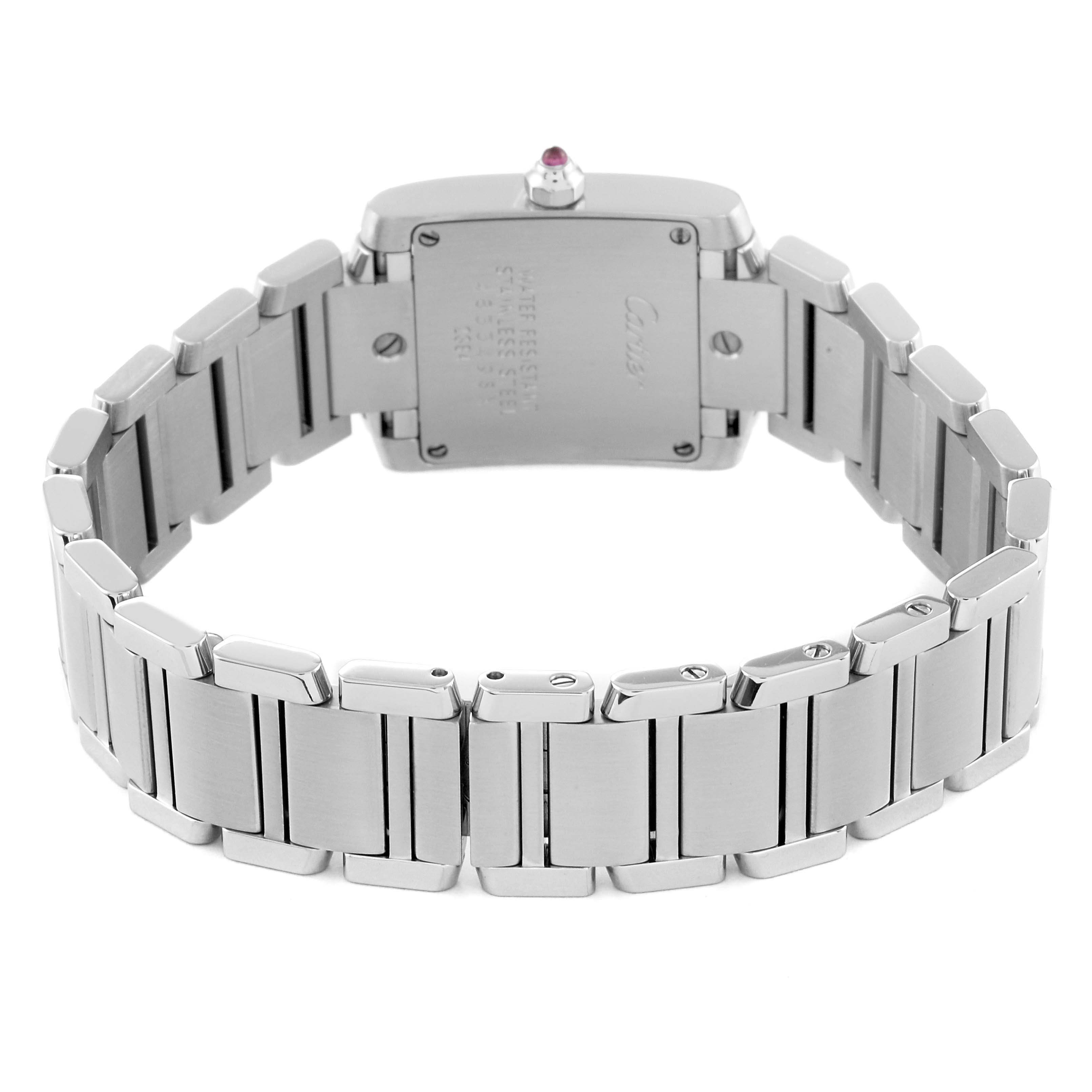 This image shows the back view of the Tank Française model by Cartier, focusing on the stainless steel bracelet and case back.