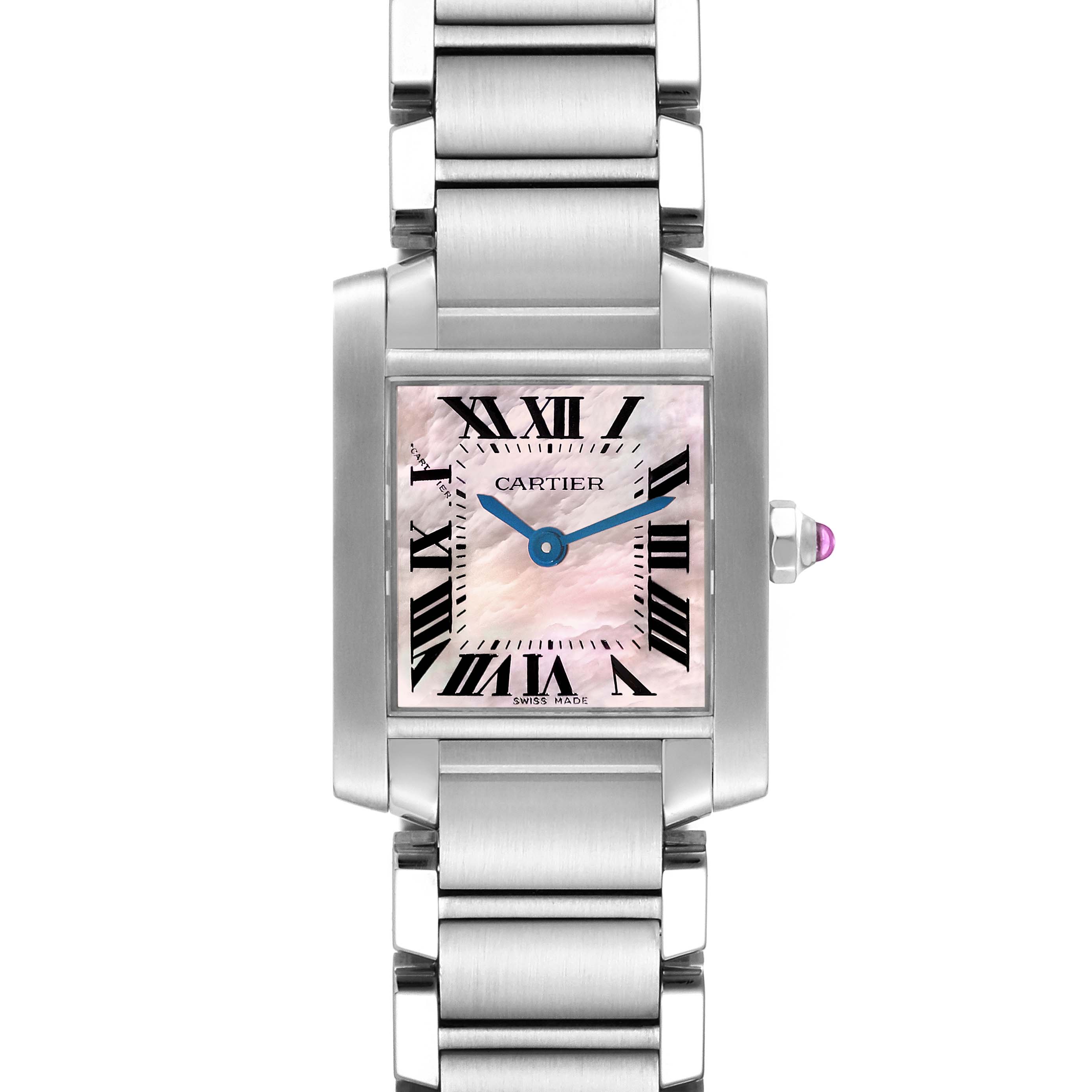 This image shows a front view of the Cartier Tank Française watch, highlighting the dial, hands, and metal bracelet.