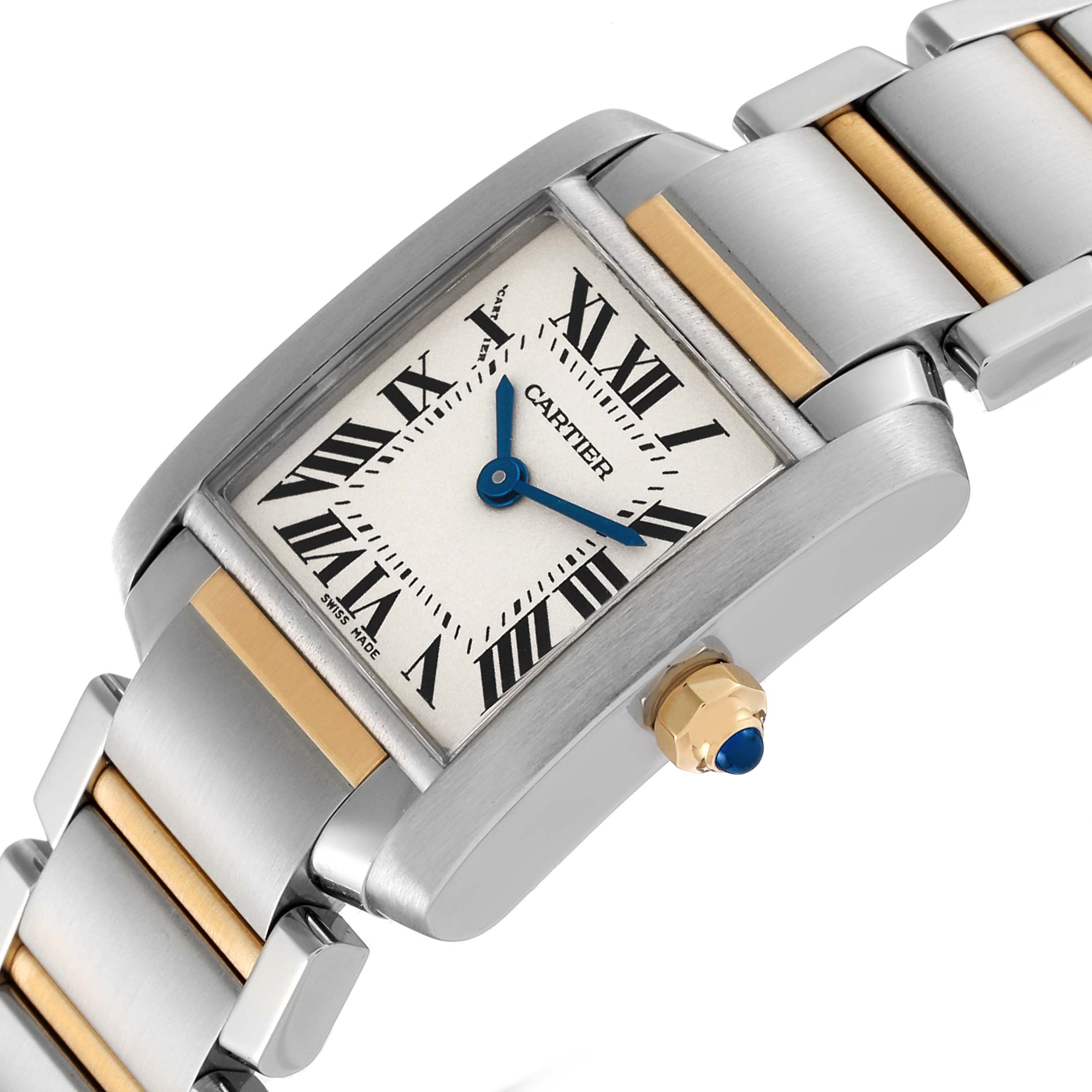 This image shows a Cartier Tank Francaise W51007Q4 Women's Steel and Gold (two tone) Silver Dial W51007Q4 Women's Steel and Gold (two tone) Silver Dial watch angled to highlight the face, crown, and two-tone bracelet.