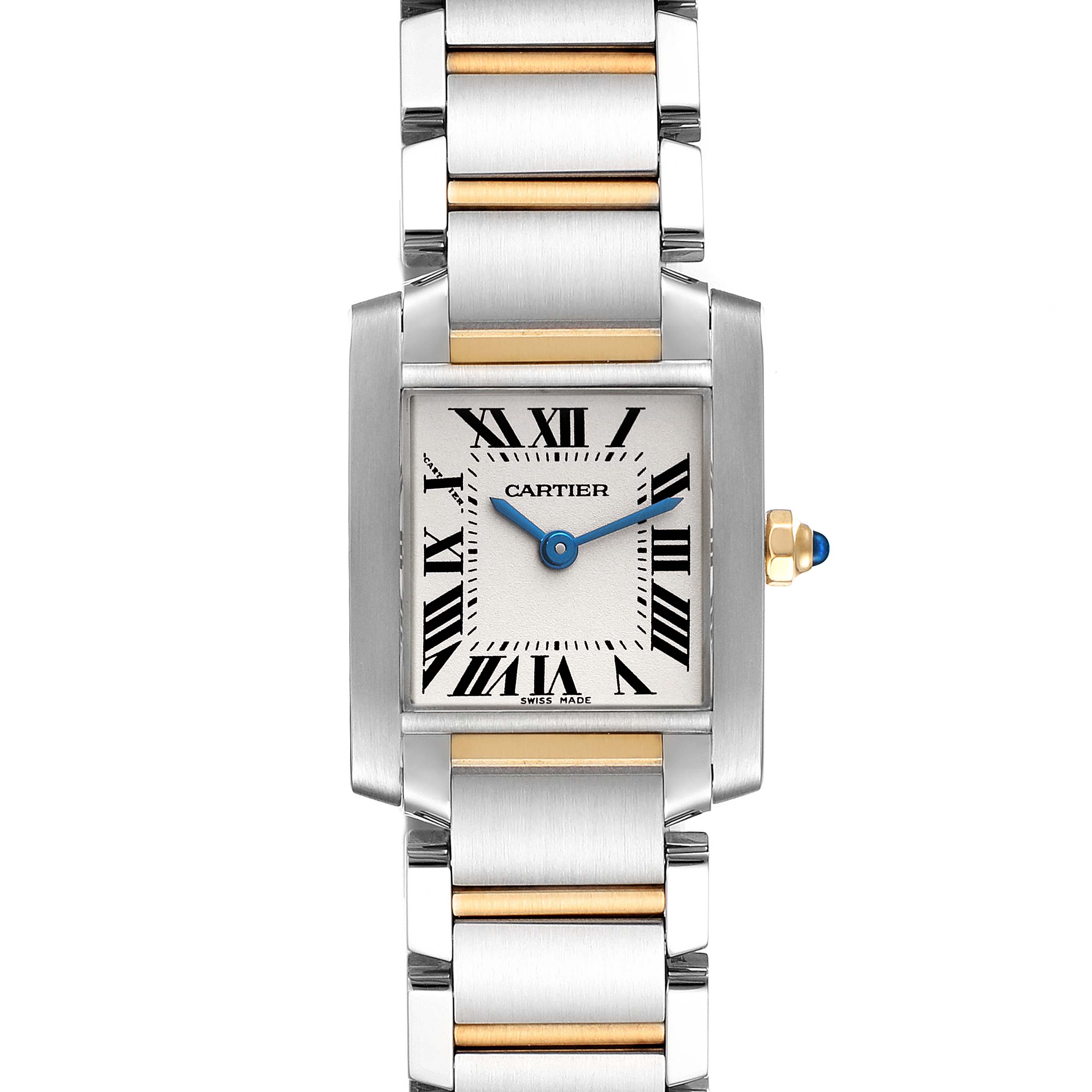 The image shows a close-up of the front face and bracelet of the Cartier Tank Francaise W51007Q4 Women's Steel and Gold (two tone) Silver Dial W51007Q4 Women's Steel and Gold (two tone) Silver Dial watch.