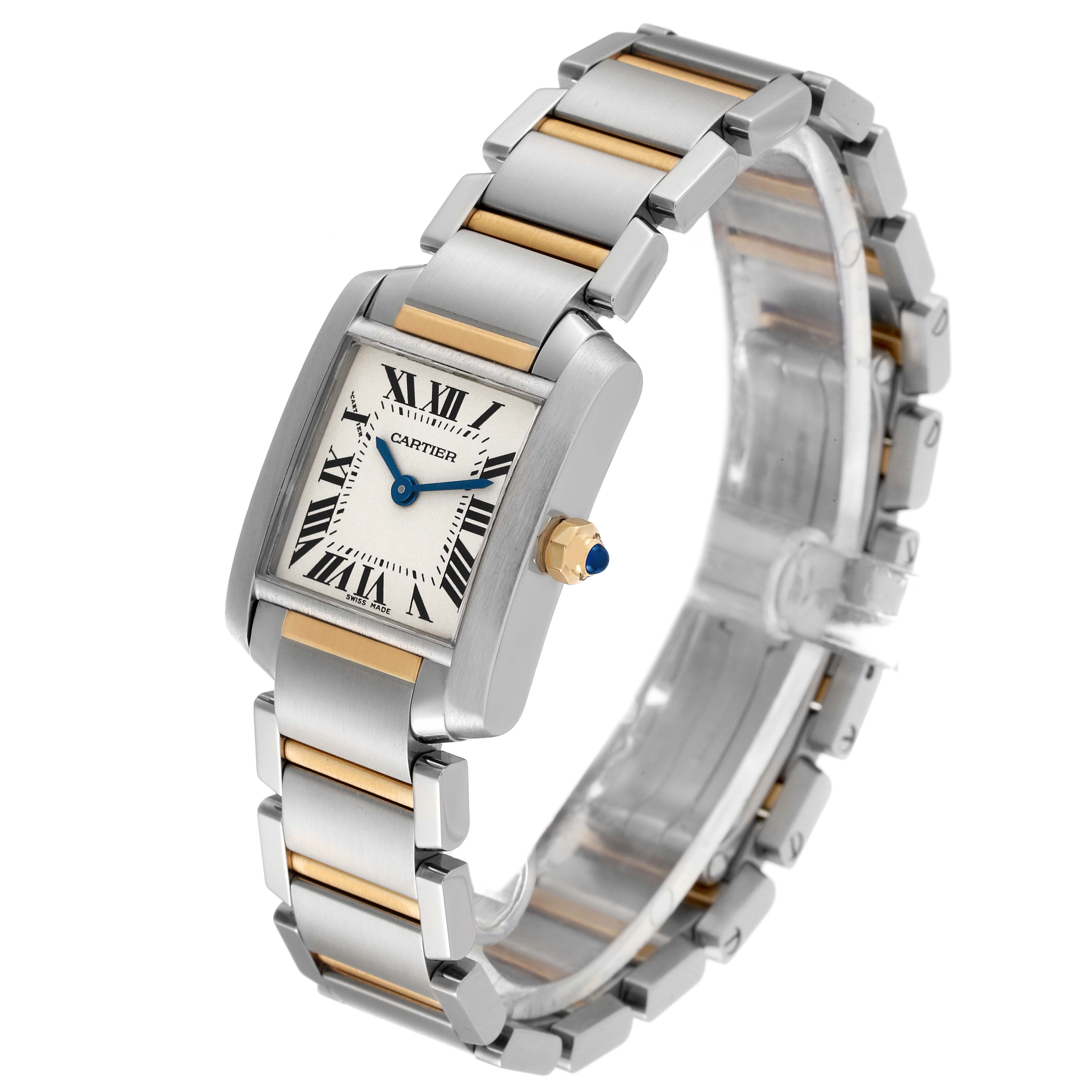 The image shows a side-angle view of the Cartier Tank Francaise W51007Q4 Women's Steel and Gold (two tone) Silver Dial W51007Q4 Women's Steel and Gold (two tone) Silver Dial watch, highlighting its two-tone band and rectangular face.