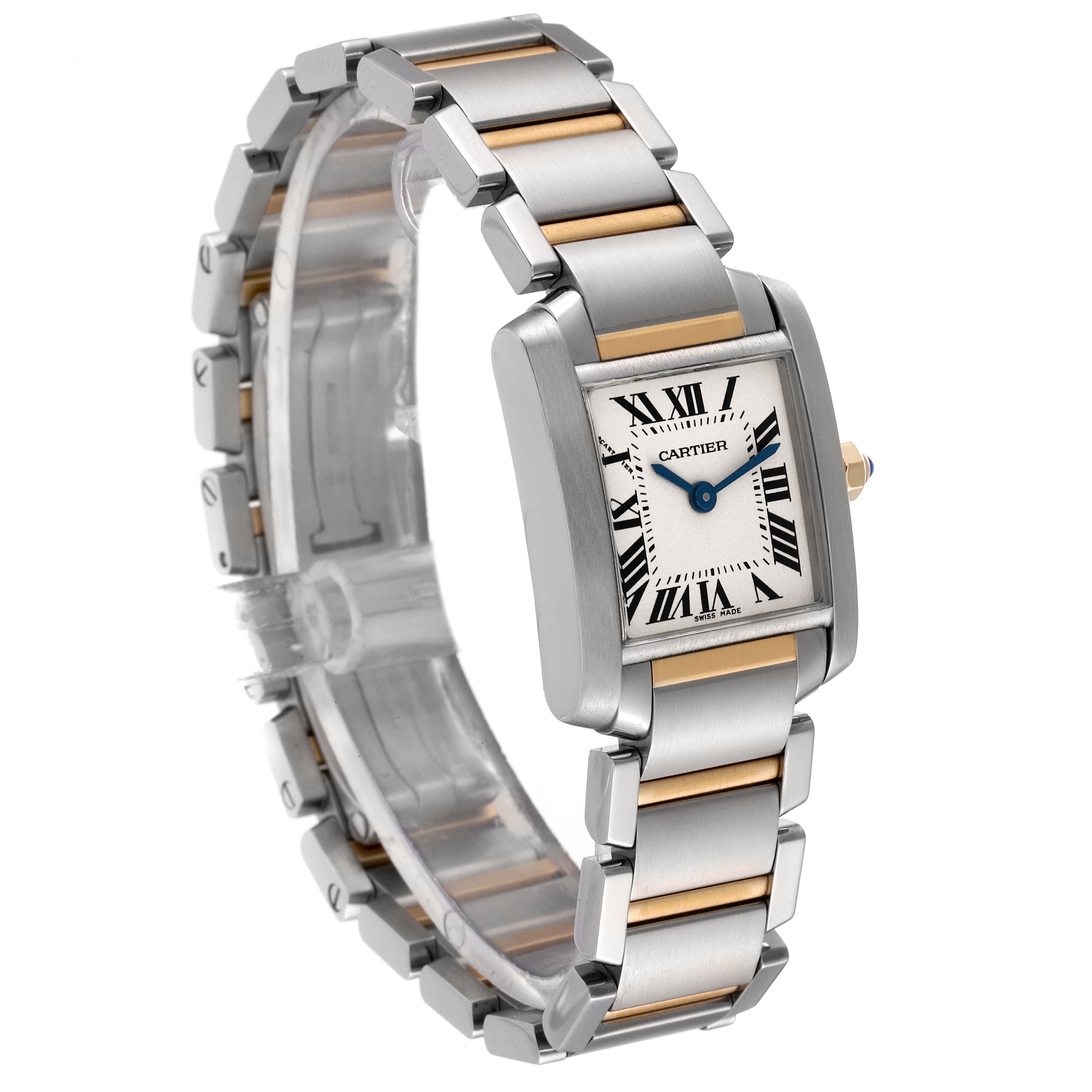 This image shows a Cartier Tank Française watch at an oblique angle, highlighting the face and metal band with gold accents.