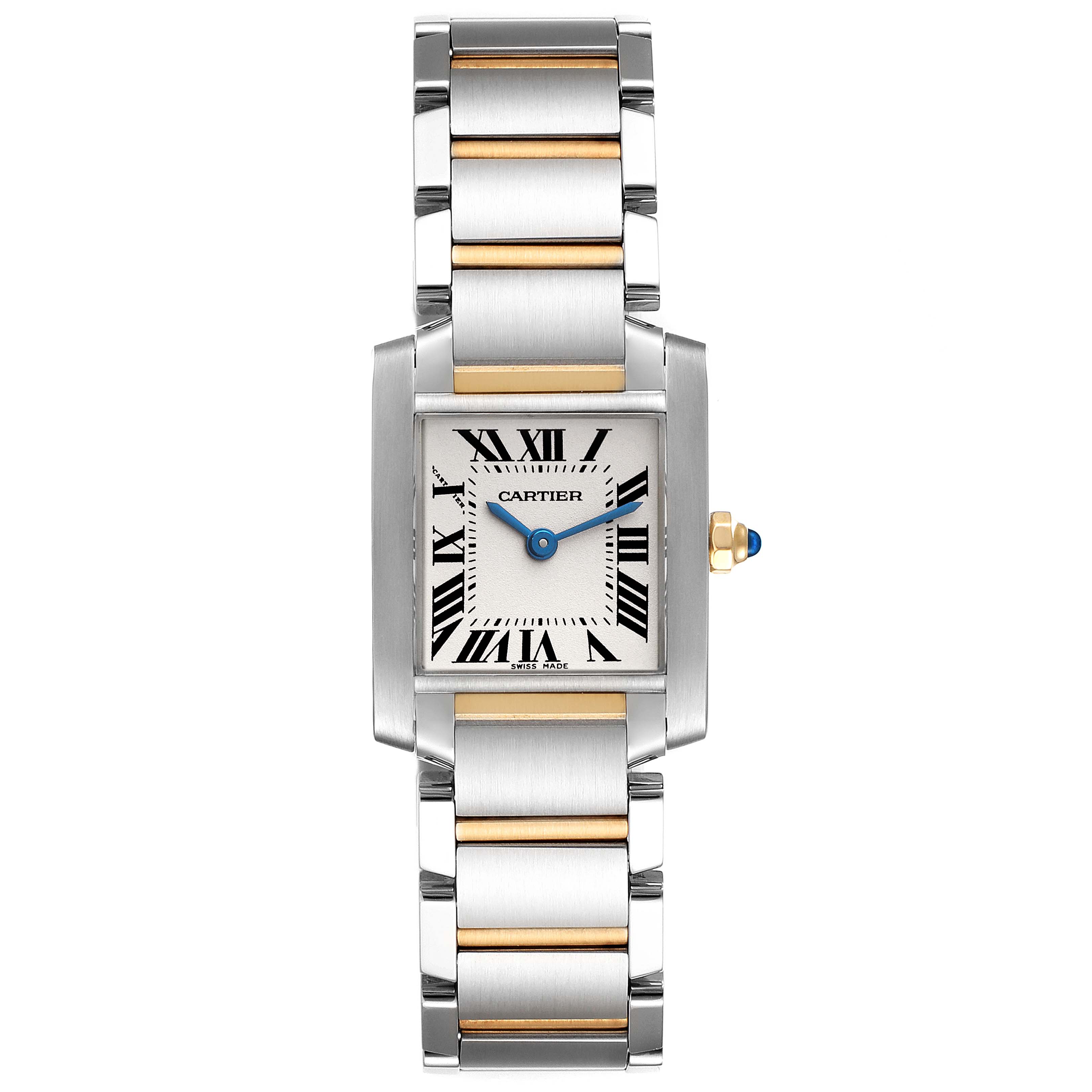 The Cartier Tank Francaise W51007Q4 Women's Steel and Gold (two tone) Silver Dial W51007Q4 Women's Steel and Gold (two tone) Silver Dial watch is shown in a top-down view, featuring its rectangular face, Roman numeral markers, and two-tone metal bracelet.