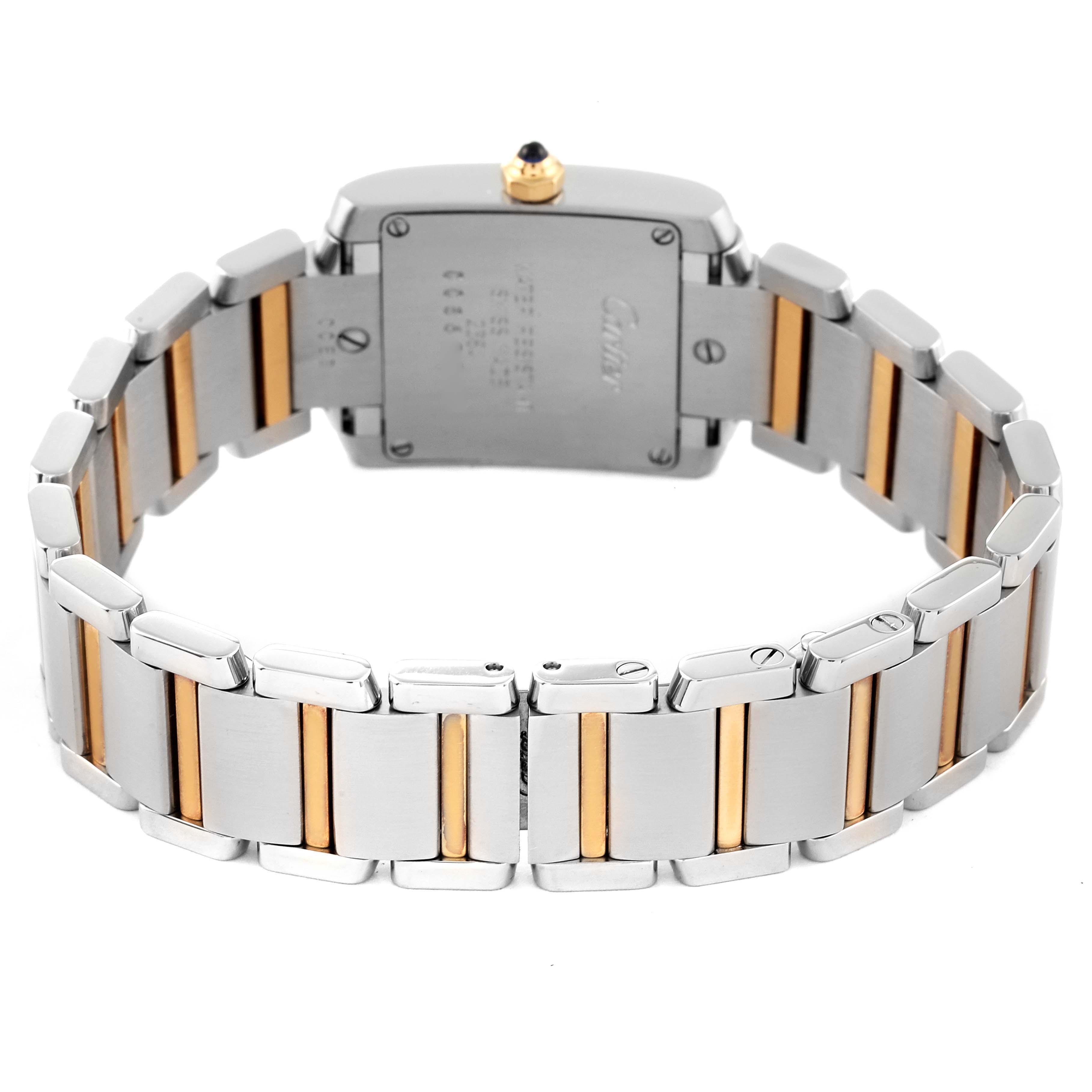 The image shows the back of the Cartier Tank Française model, including its two-tone bracelet and case back.