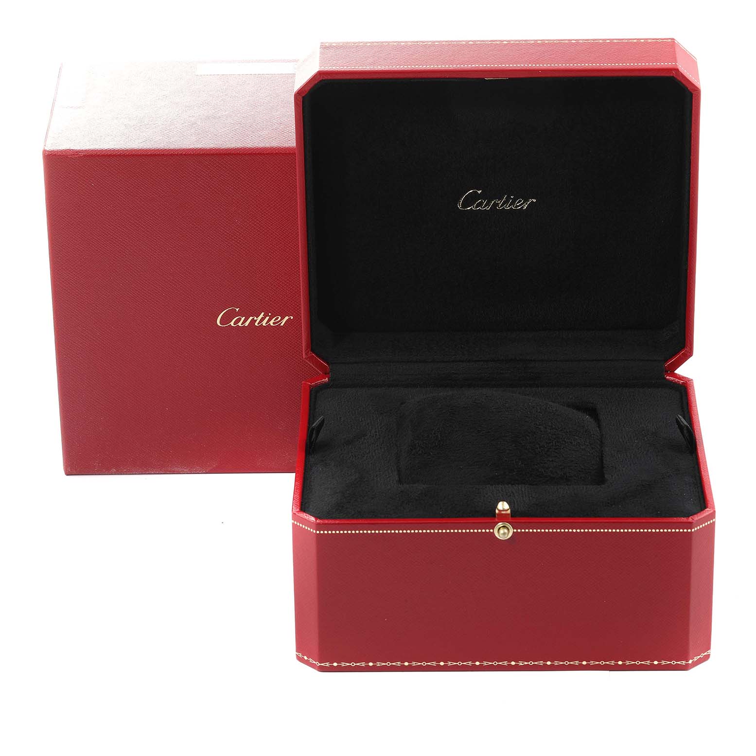 This image shows an open and closed red Cartier watch box, likely for the Tank Francaise model.