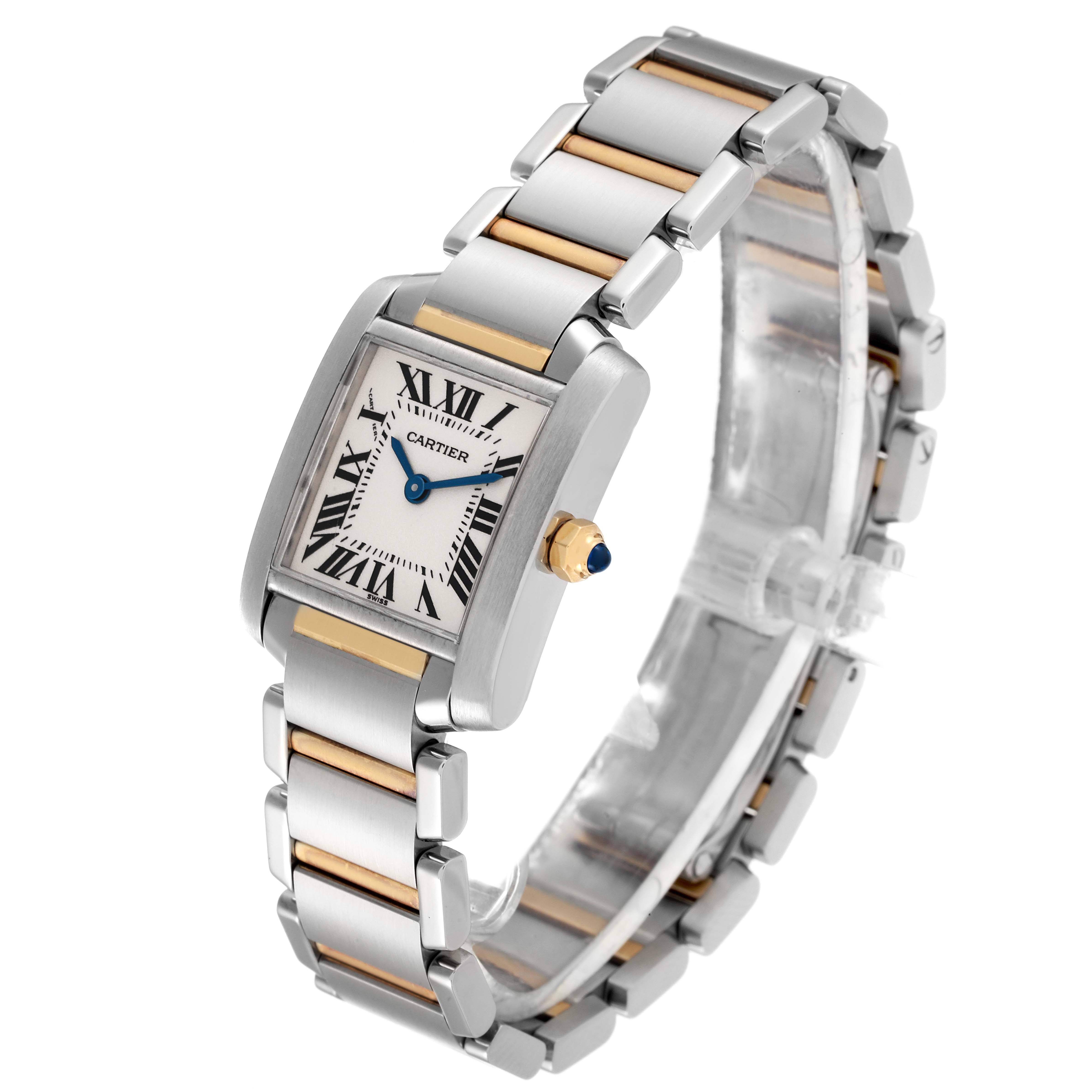 The Cartier Tank Francaise W51007Q4 Women's Steel and Gold (two tone) Silver Dial W51007Q4 Women's Steel and Gold (two tone) Silver Dial watch is shown at an angled side view, highlighting its stainless steel and gold bracelet and rectangular face.
