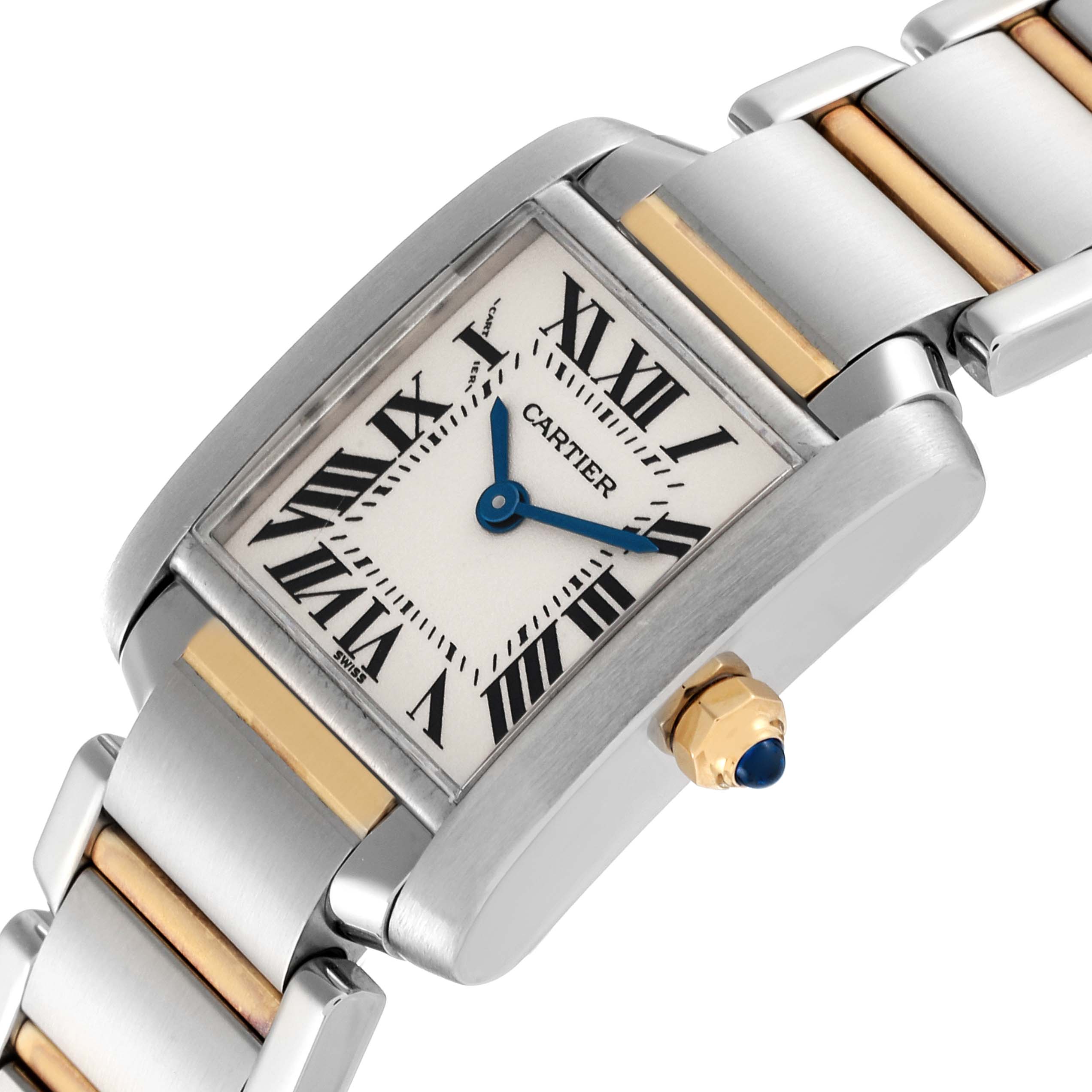 The image shows a close-up angle of the Cartier Tank Francaise W51007Q4 Women's Steel and Gold (two tone) Silver Dial W51007Q4 Women's Steel and Gold (two tone) Silver Dial watch, highlighting its face, crown, and part of the bracelet.