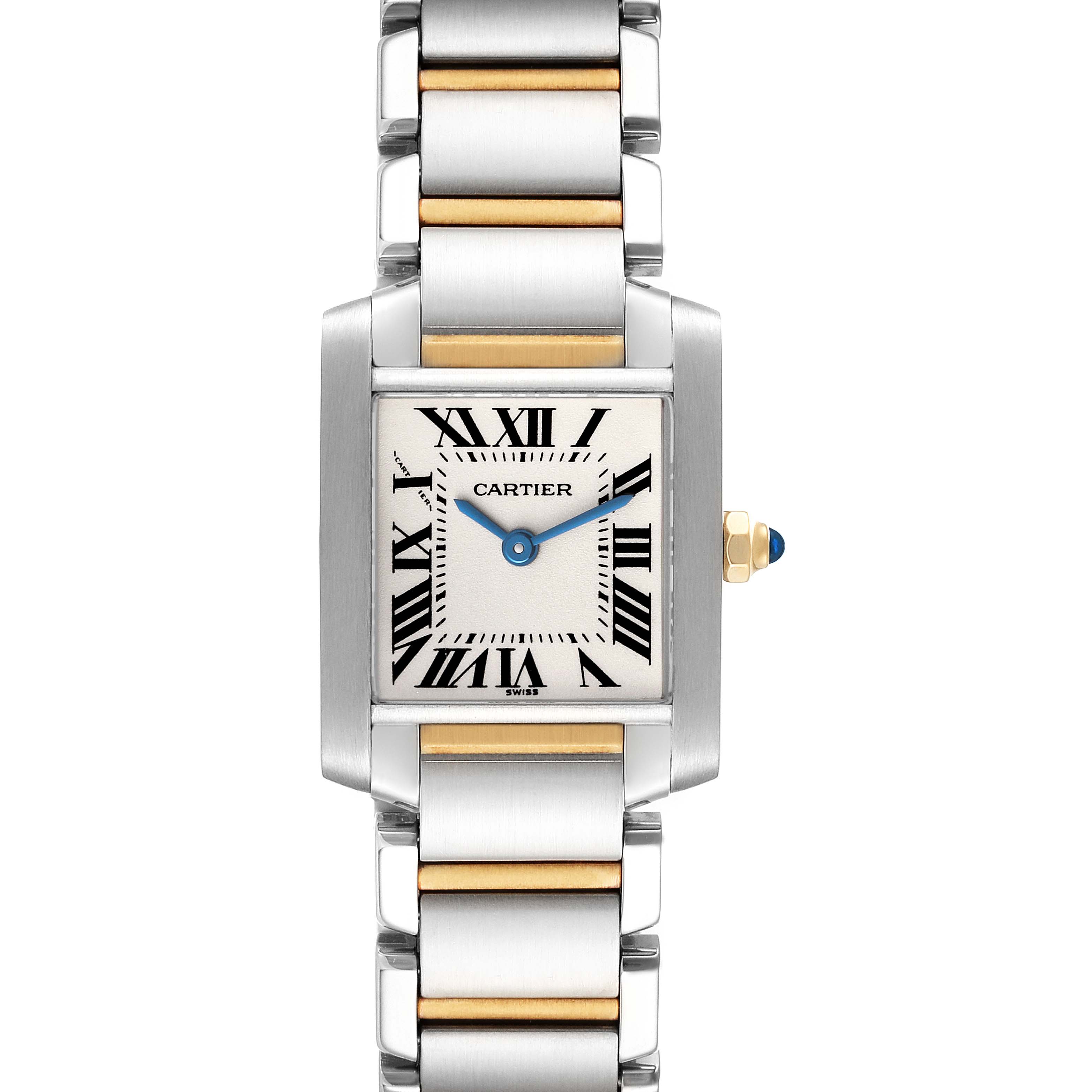 The image shows a frontal view of the Cartier Tank Francaise W51007Q4 Women's Steel and Gold (two tone) Silver Dial W51007Q4 Women's Steel and Gold (two tone) Silver Dial watch, displaying the face and two-tone bracelet.