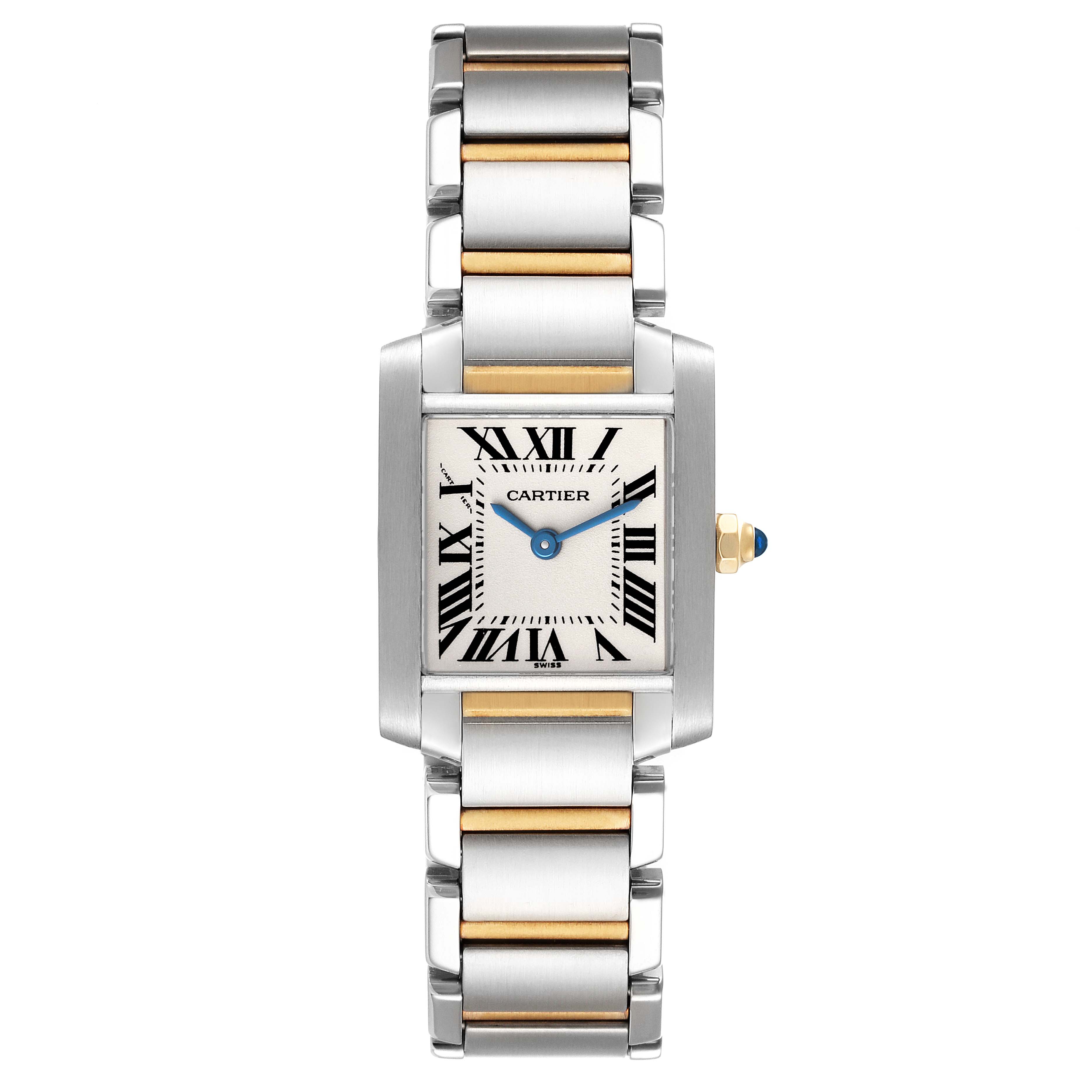 The image shows a full frontal view of a Cartier Tank Francaise W51007Q4 Women's Steel and Gold (two tone) Silver Dial W51007Q4 Women's Steel and Gold (two tone) Silver Dial watch, featuring the face and bracelet.