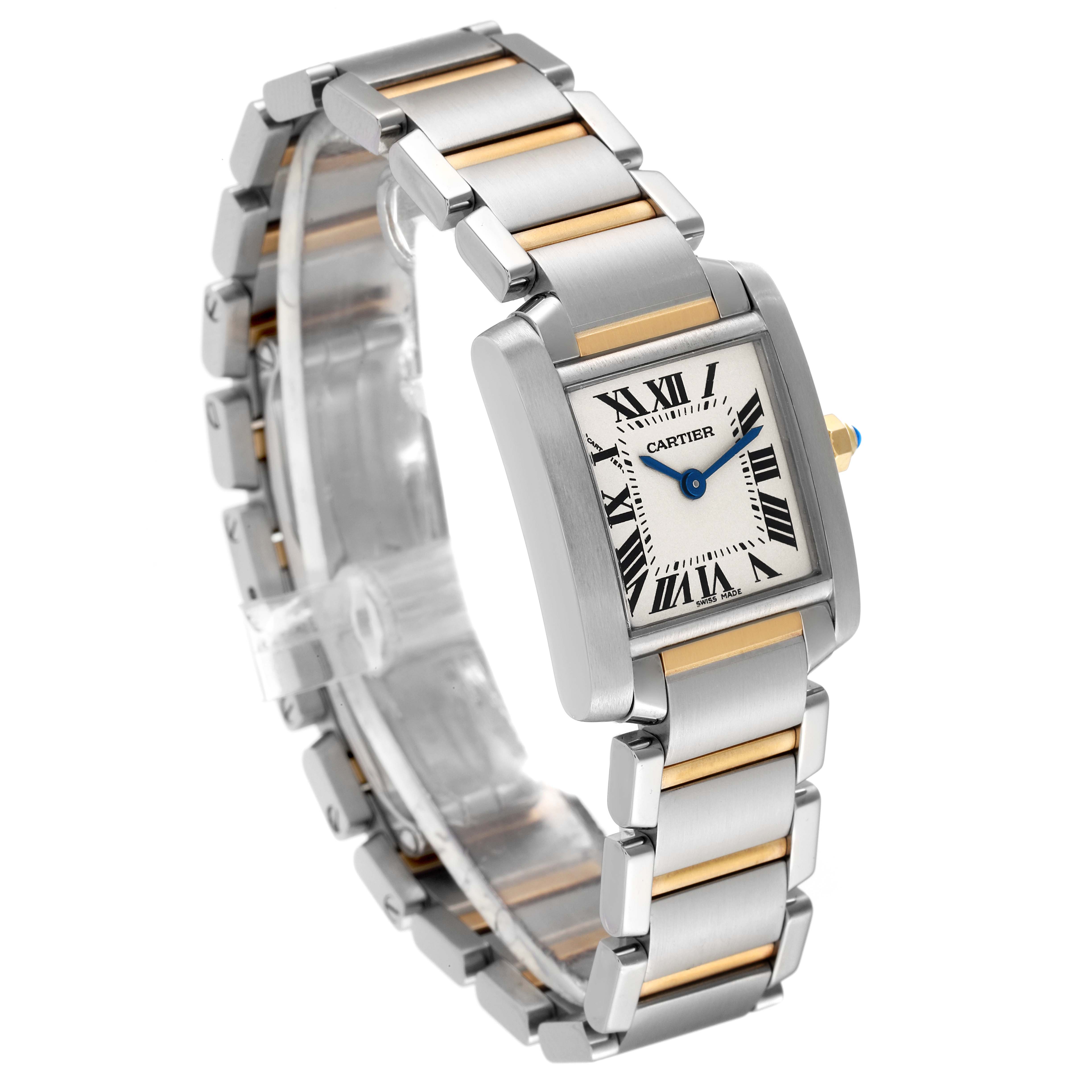 The image shows a Cartier Tank Francaise W51007Q4 Women's Steel and Gold (two tone) Silver Dial W51007Q4 Women's Steel and Gold (two tone) Silver Dial watch at a three-quarter angle, highlighting its rectangular face and bi-metal bracelet.