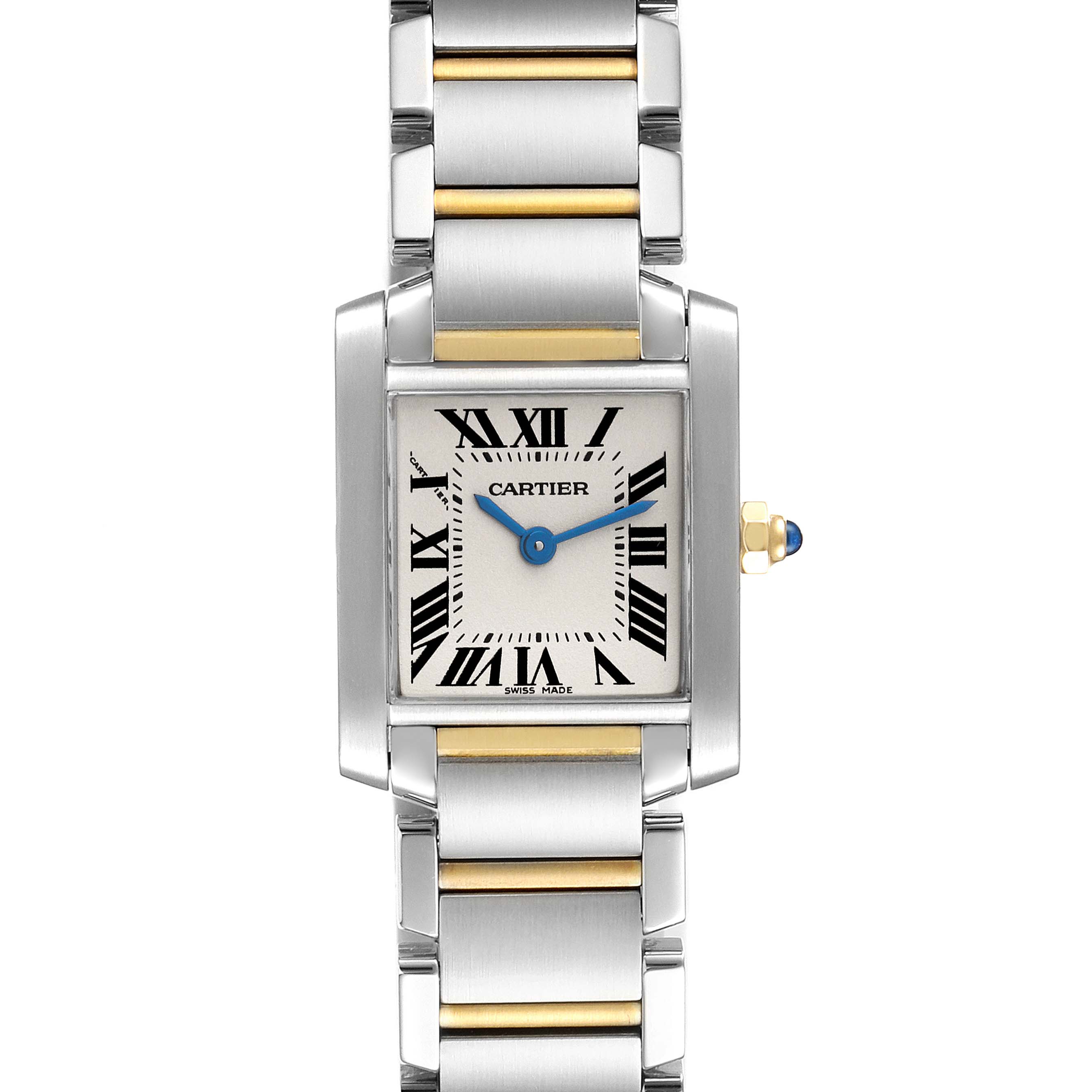 The Cartier Tank Francaise W51007Q4 Women's Steel and Gold (two tone) Silver Dial W51007Q4 Women's Steel and Gold (two tone) Silver Dial watch is shown from a top-down angle, displaying the face, bracelet, and crown.