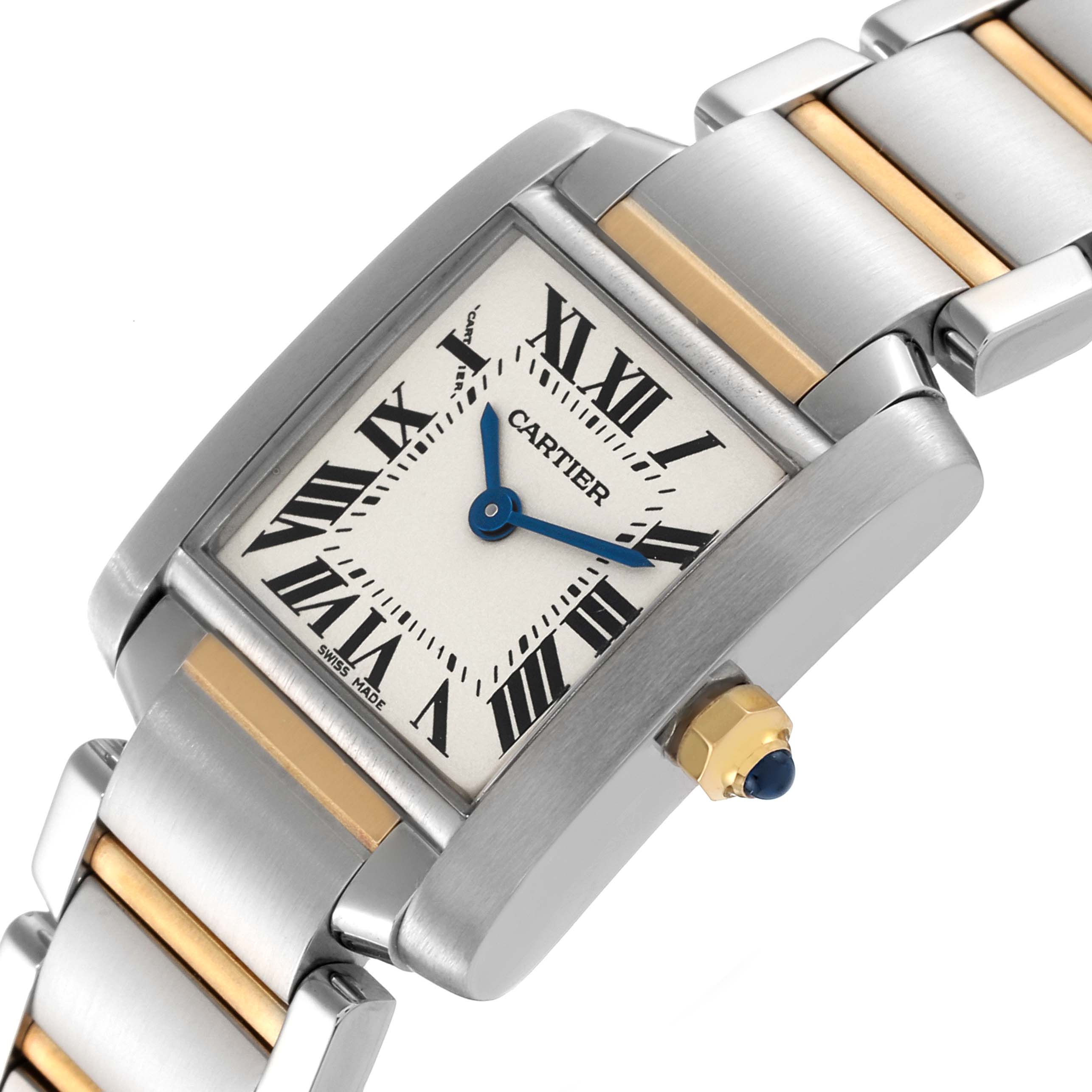 This image shows a close-up oblique angle of the Cartier Tank Française watch, highlighting the face, hands, crown, and bracelet.