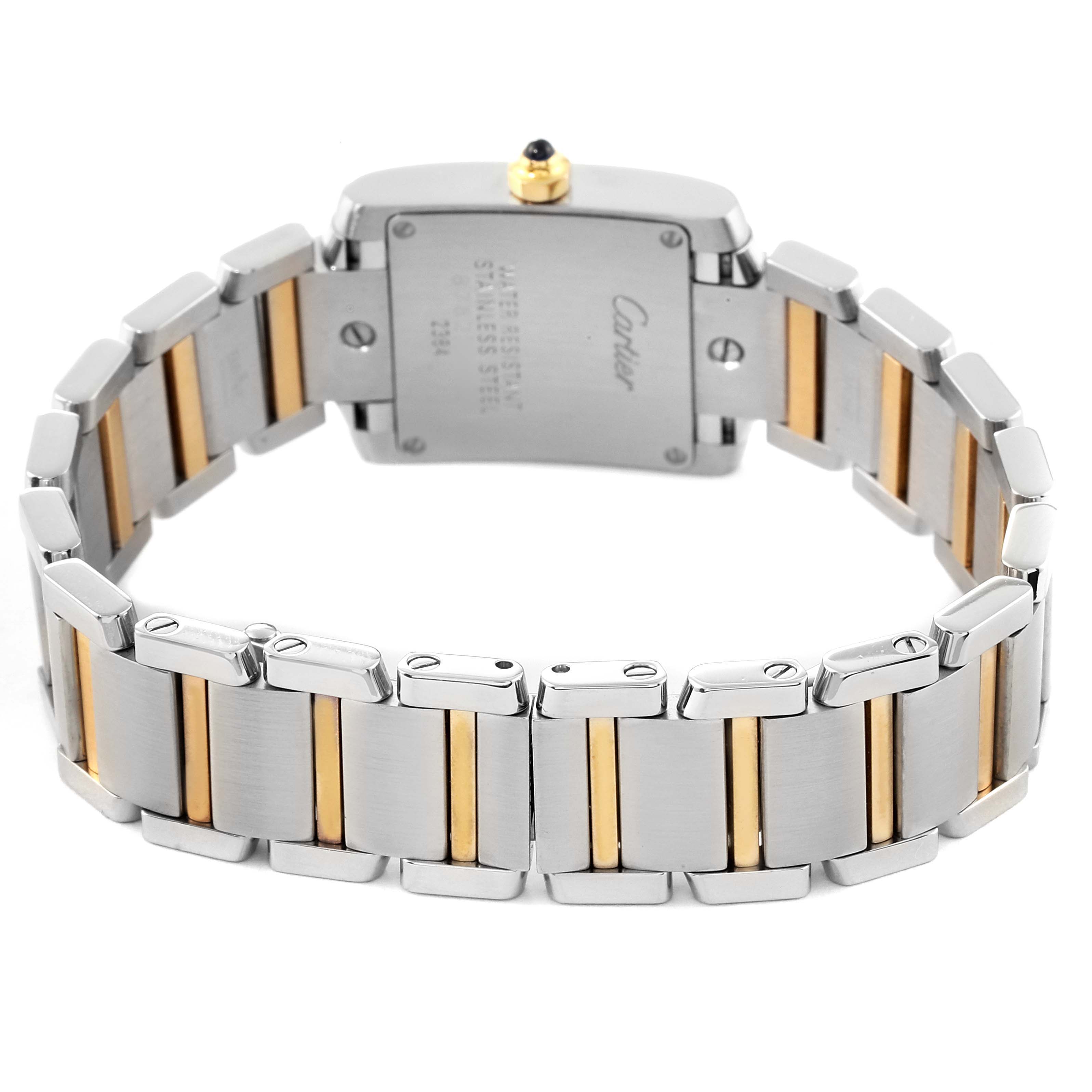 The Cartier Tank Francaise W51007Q4 Women's Steel and Gold (two tone) Silver Dial W51007Q4 Women's Steel and Gold (two tone) Silver Dial watch is shown from the back, displaying the stainless steel and gold bracelet and case back.