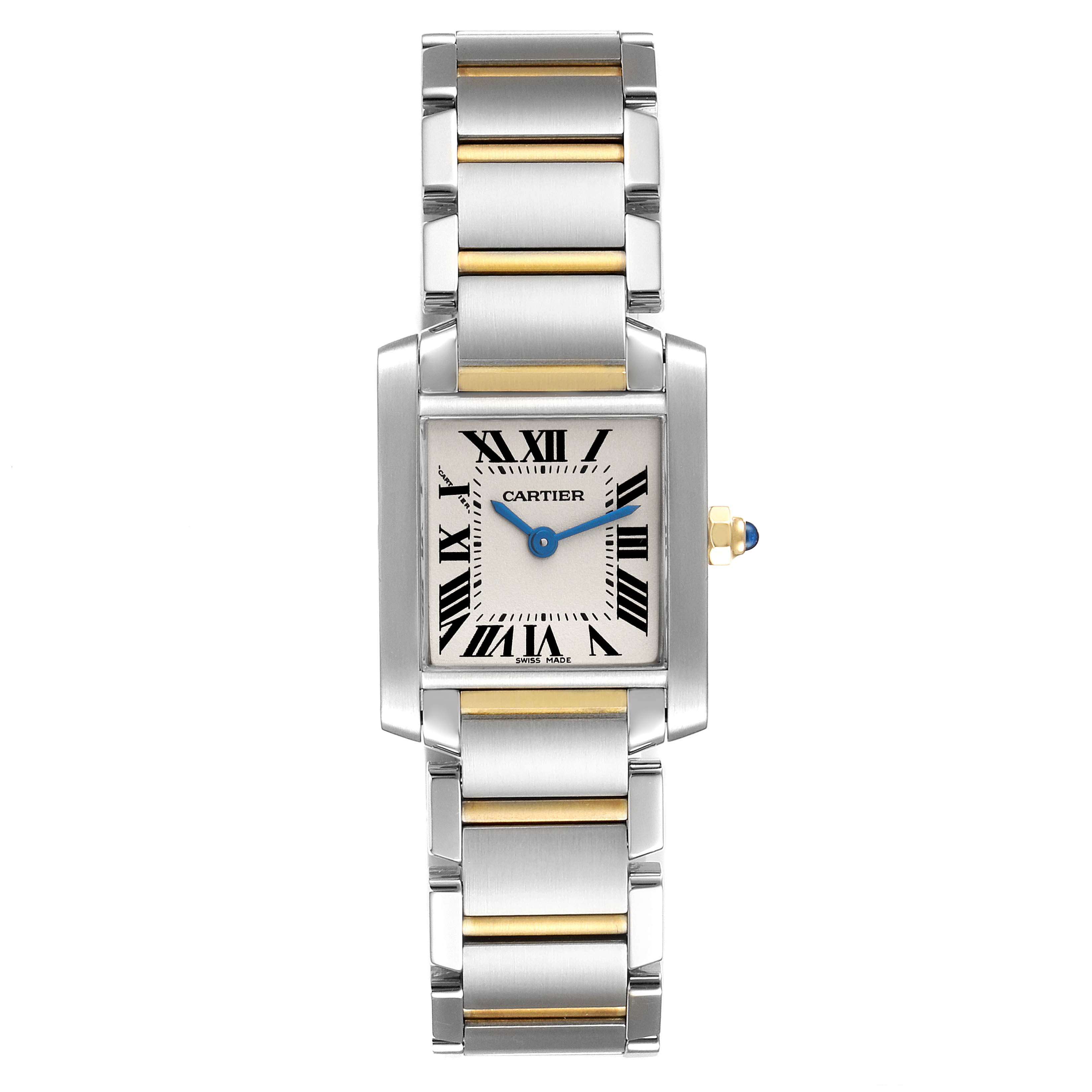 This image shows a front view of the Tank Française watch by Cartier, featuring its face and metal bracelet.