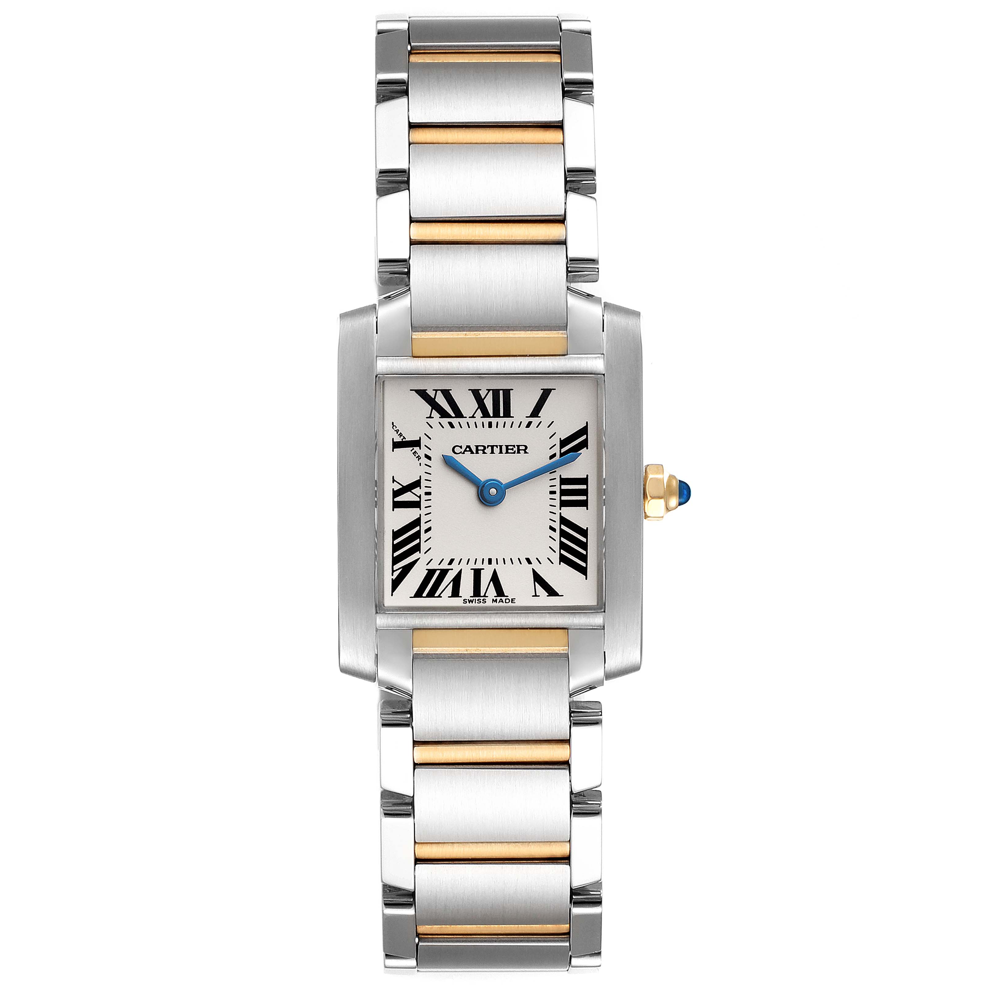 The image shows a front view of the Cartier Tank Francaise W51007Q4 Women's Steel and Gold (two tone) Silver Dial W51007Q4 Women's Steel and Gold (two tone) Silver Dial watch, highlighting its rectangular face, bracelet, and crown.