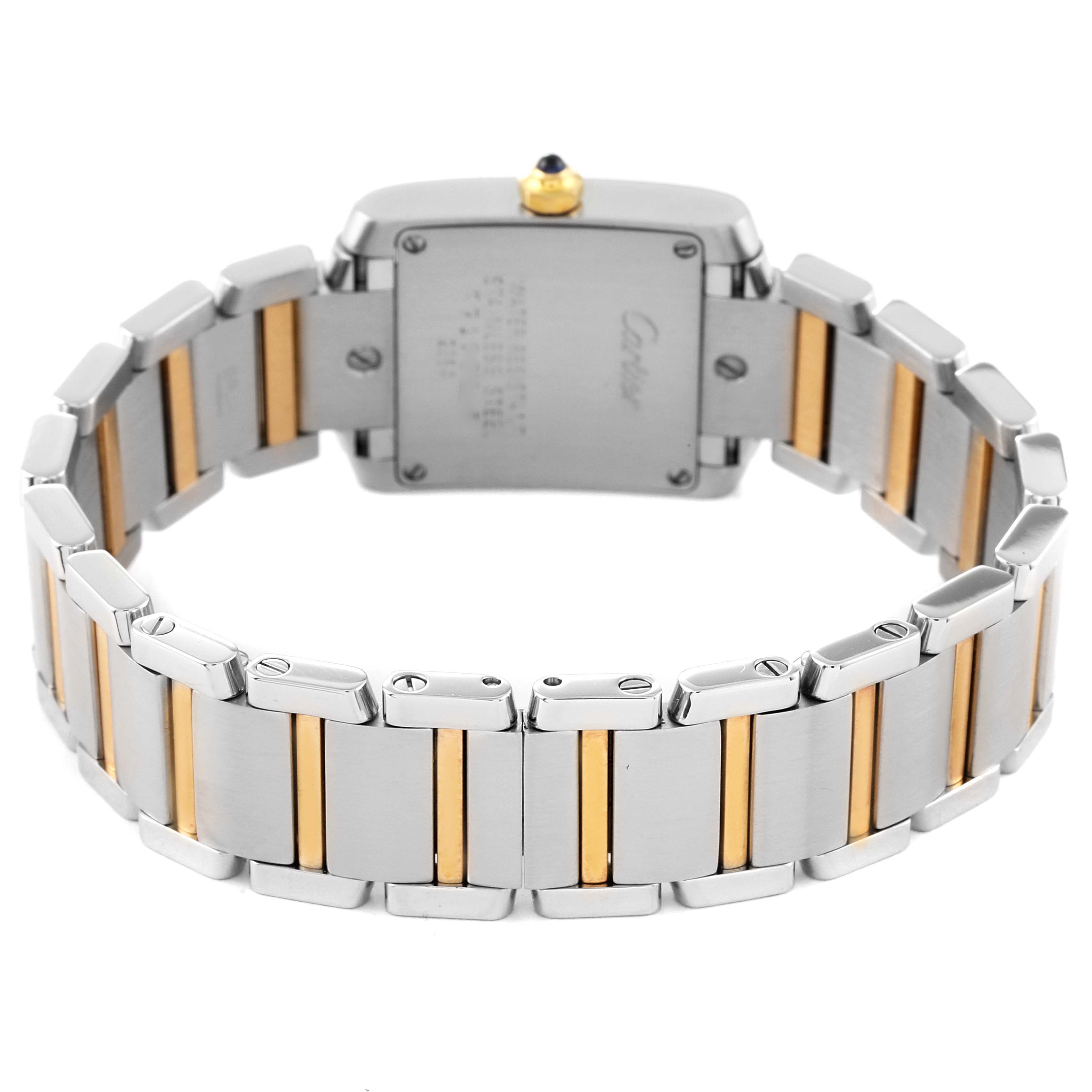 This image shows the back and bracelet of a Cartier Tank Francaise W51007Q4 Women's Steel and Gold (two tone) Silver Dial W51007Q4 Women's Steel and Gold (two tone) Silver Dial watch, highlighting its two-tone metal design.