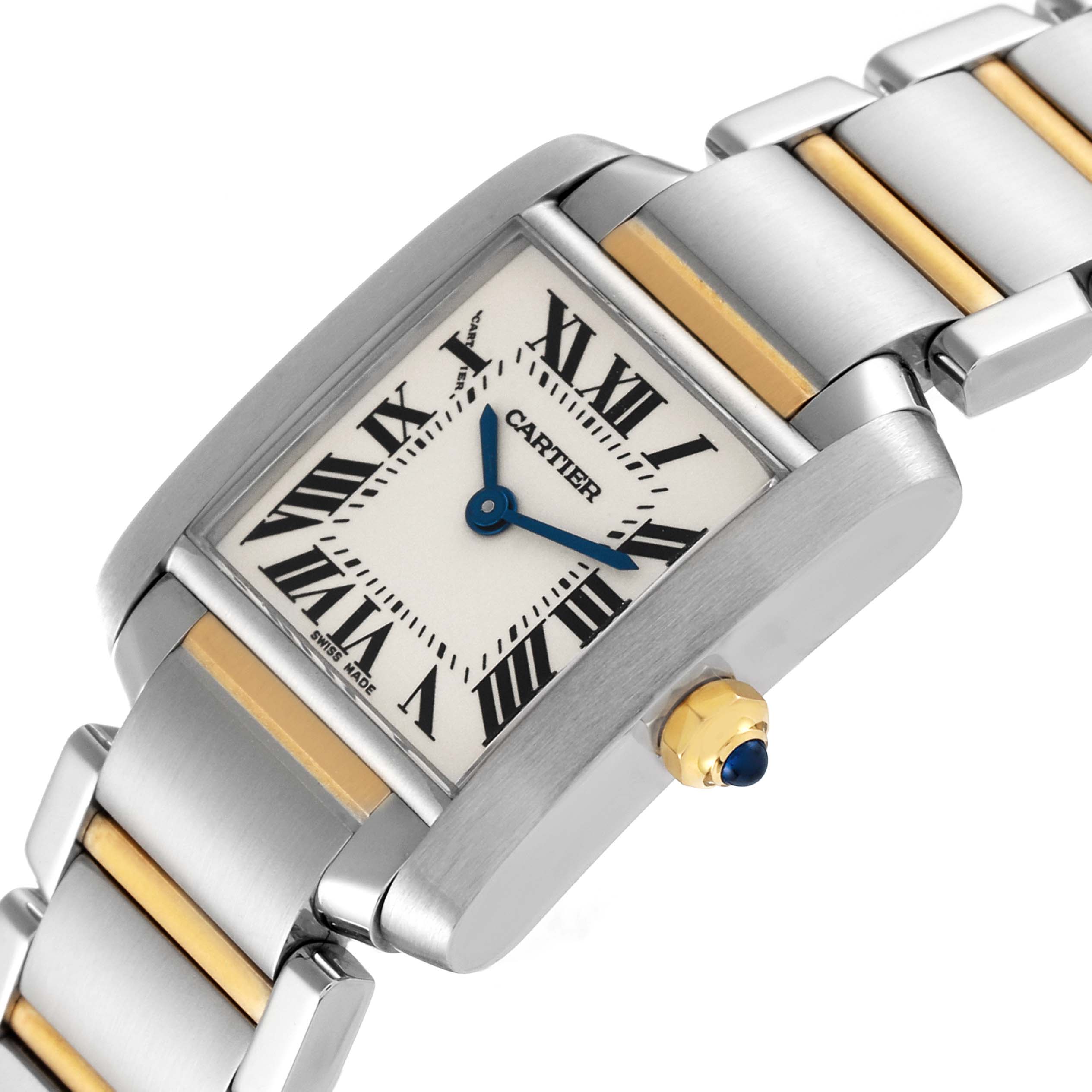 The Cartier Tank Française watch is shown from a side-angle view, highlighting its rectangular face, Roman numerals, and steel-and-gold bracelet.