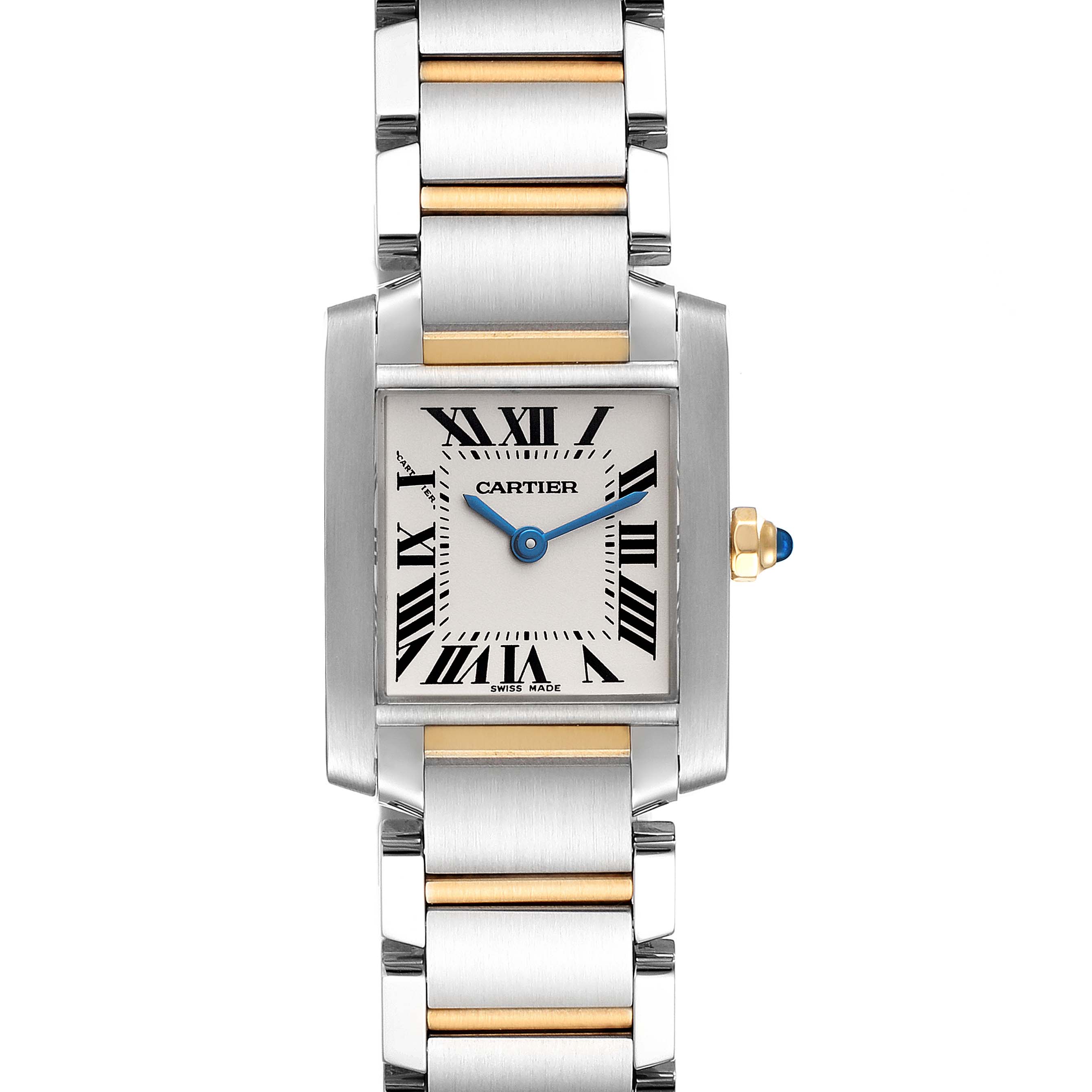 The Cartier Tank Francaise W51007Q4 Women's Steel and Gold (two tone) Silver Dial W51007Q4 Women's Steel and Gold (two tone) Silver Dial watch is shown from the front, highlighting its rectangular face, Roman numerals, and two-tone bracelet.