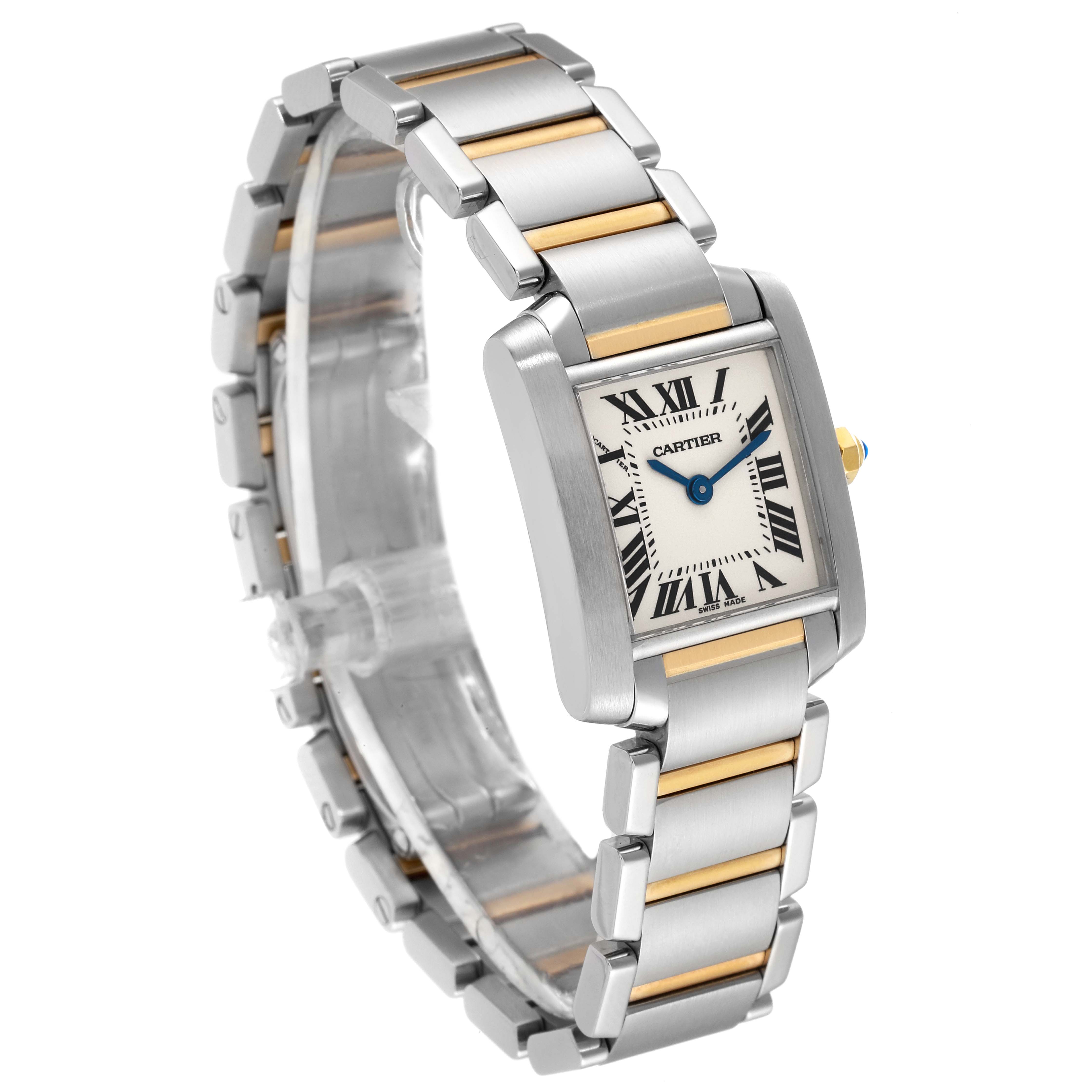 The Cartier Tank Francaise W51007Q4 Women's Steel and Gold (two tone) Silver Dial W51007Q4 Women's Steel and Gold (two tone) Silver Dial watch is shown at a three-quarter angle, displaying the face, strap, and side profile.
