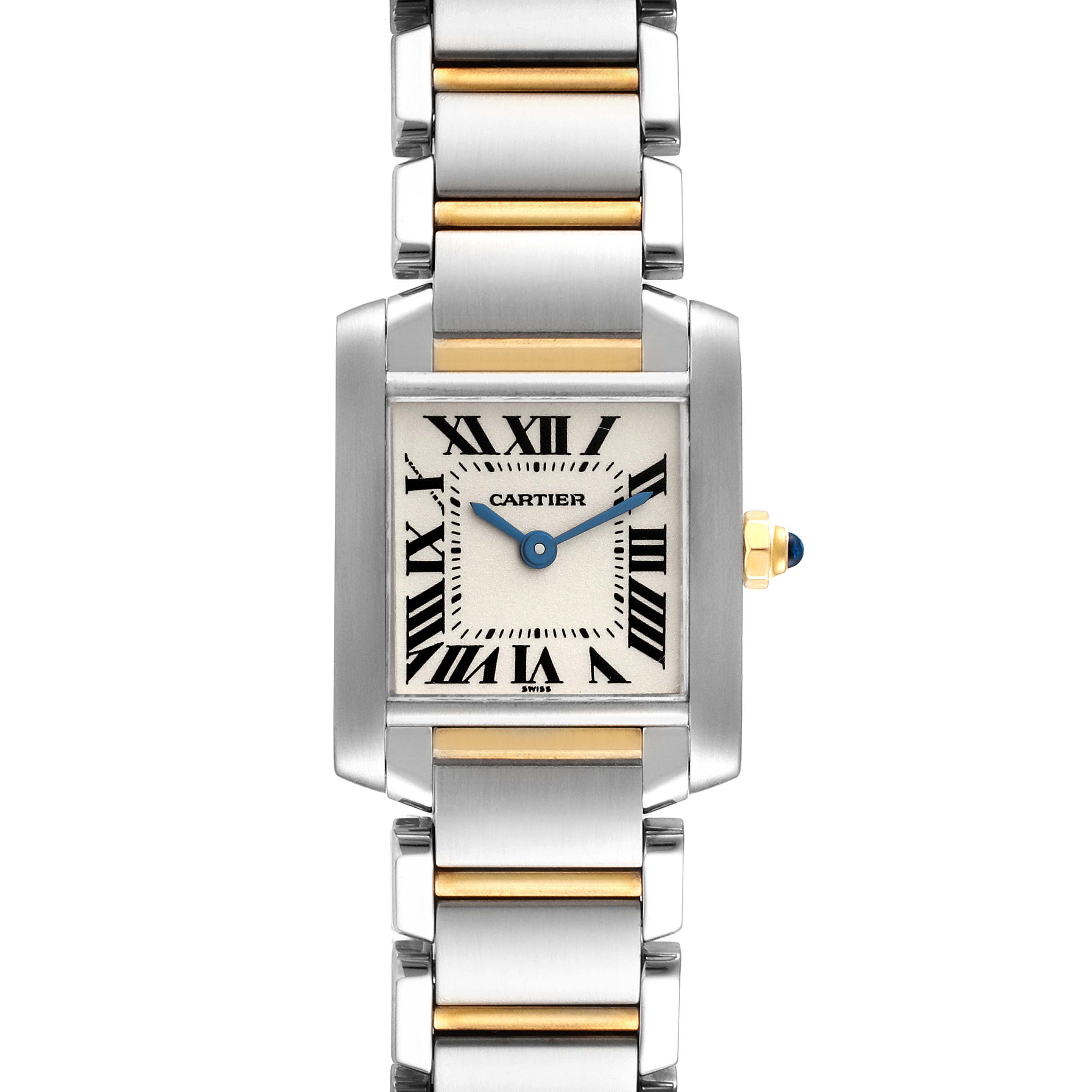 This image shows a frontal view of the Cartier Tank Francaise W51007Q4 Women
s Steel and Gold (two tone) Silver Dial W51007Q4 Women
s Steel and Gold (two tone) Silver Dial watch, highlighting the face, bezel, and bracelet.