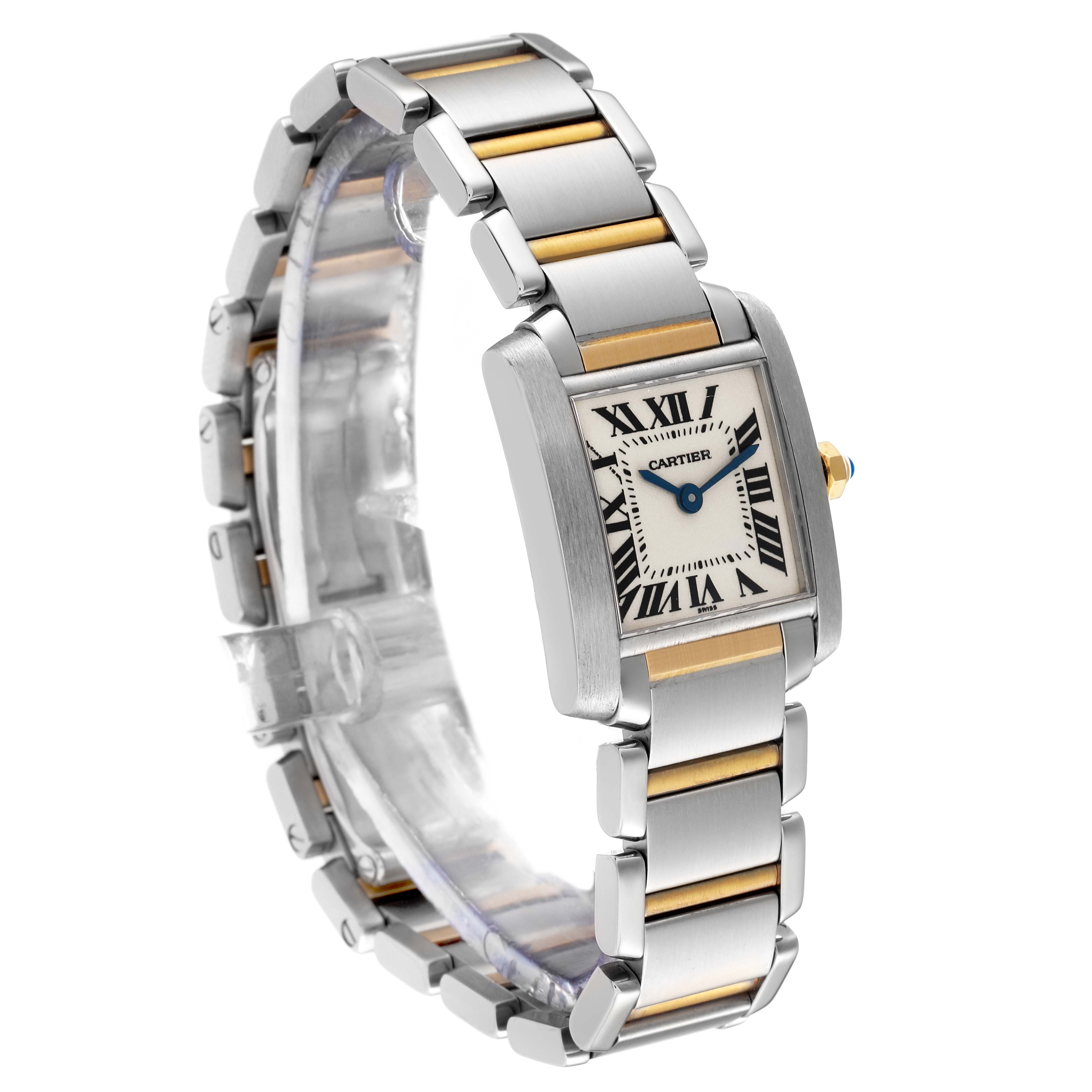 The image shows a Cartier Tank Francaise W51007Q4 Women
s Steel and Gold (two tone) Silver Dial W51007Q4 Women
s Steel and Gold (two tone) Silver Dial watch at an angle highlighting the bracelet, face, and crown.