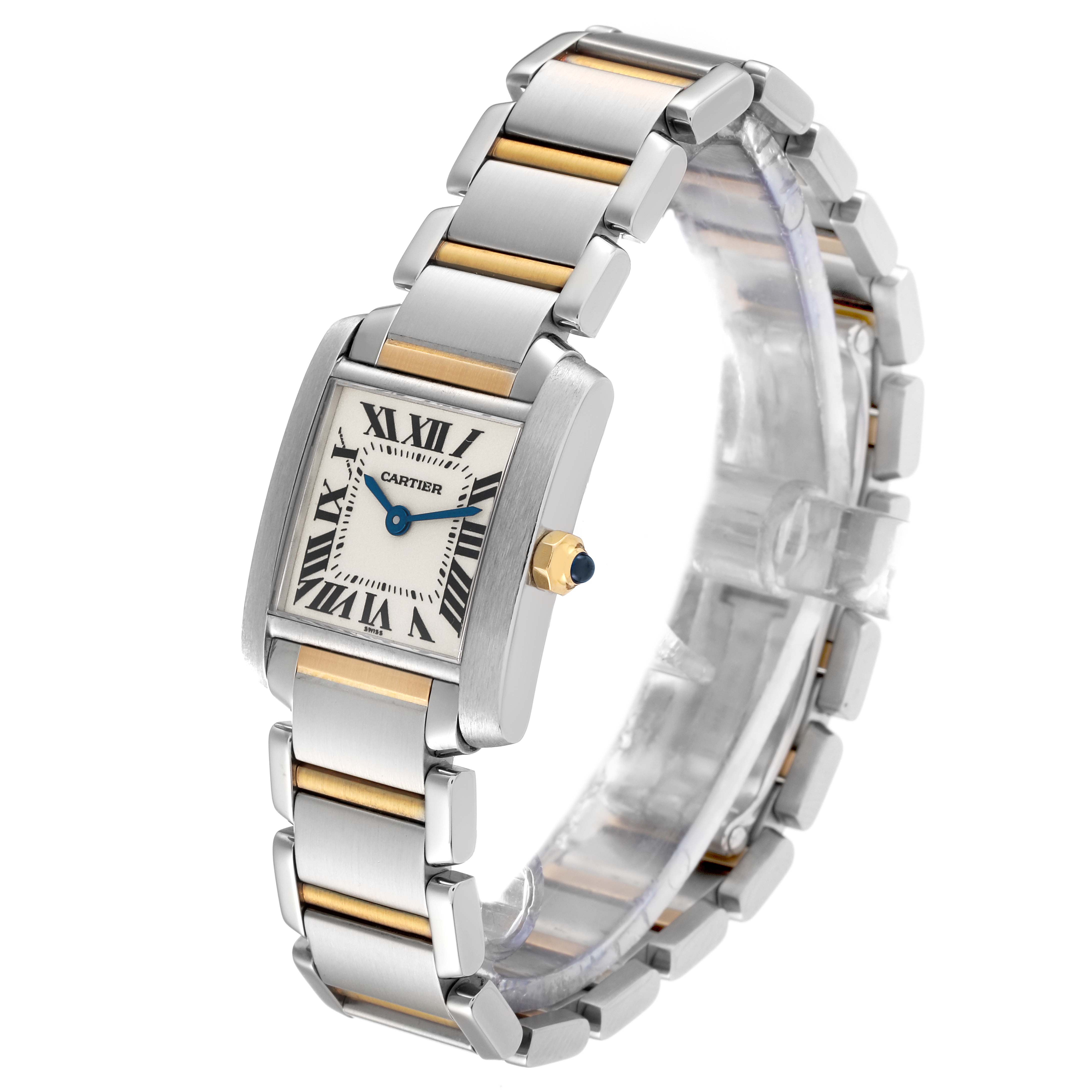 The image shows a Cartier Tank Francaise W51007Q4 Women
s Steel and Gold (two tone) Silver Dial W51007Q4 Women
s Steel and Gold (two tone) Silver Dial watch at a slight side angle, highlighting the dial, bracelet, and crown.