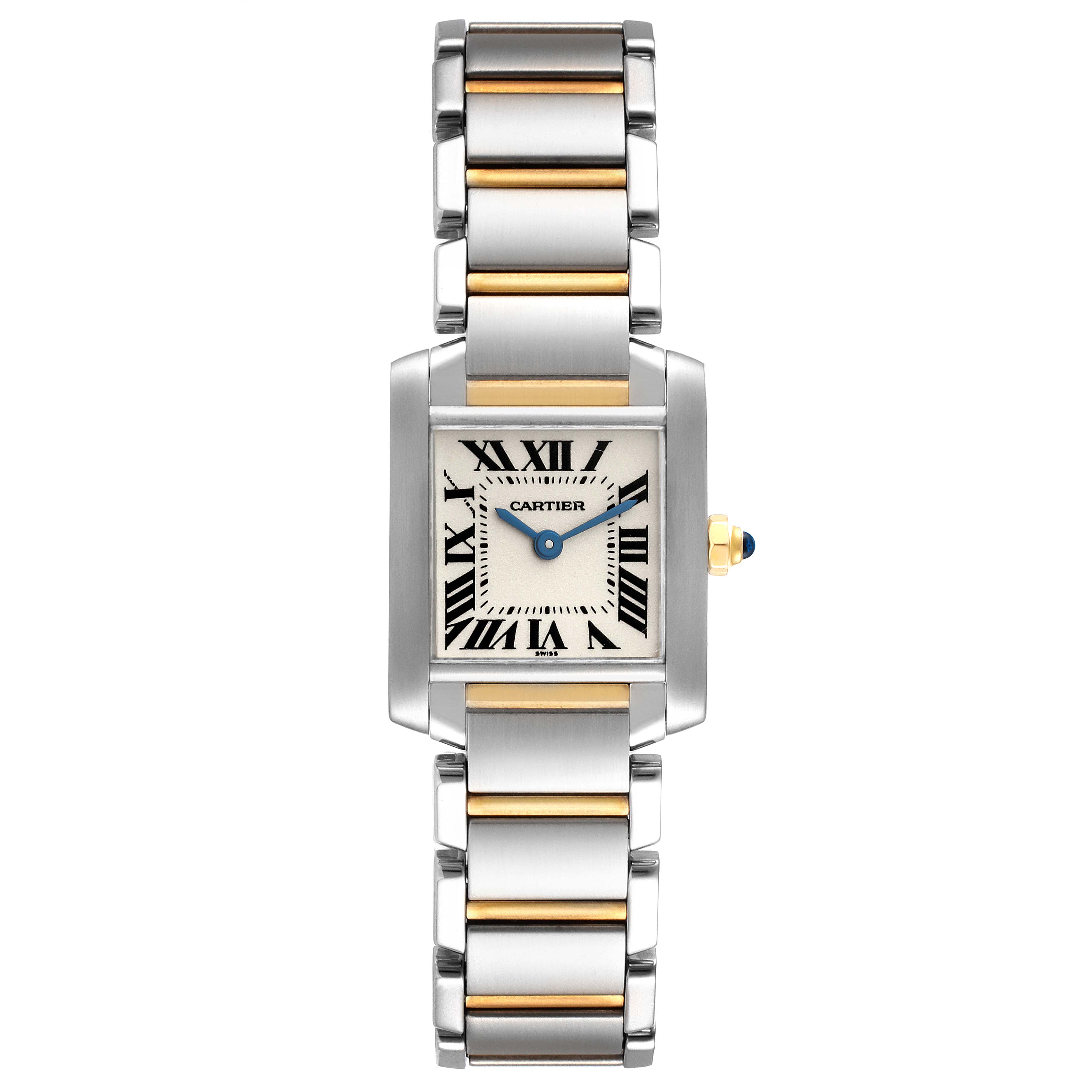 The image shows a Cartier Tank Française watch from a top-down angle, showcasing the dial, bezel, and bracelet.