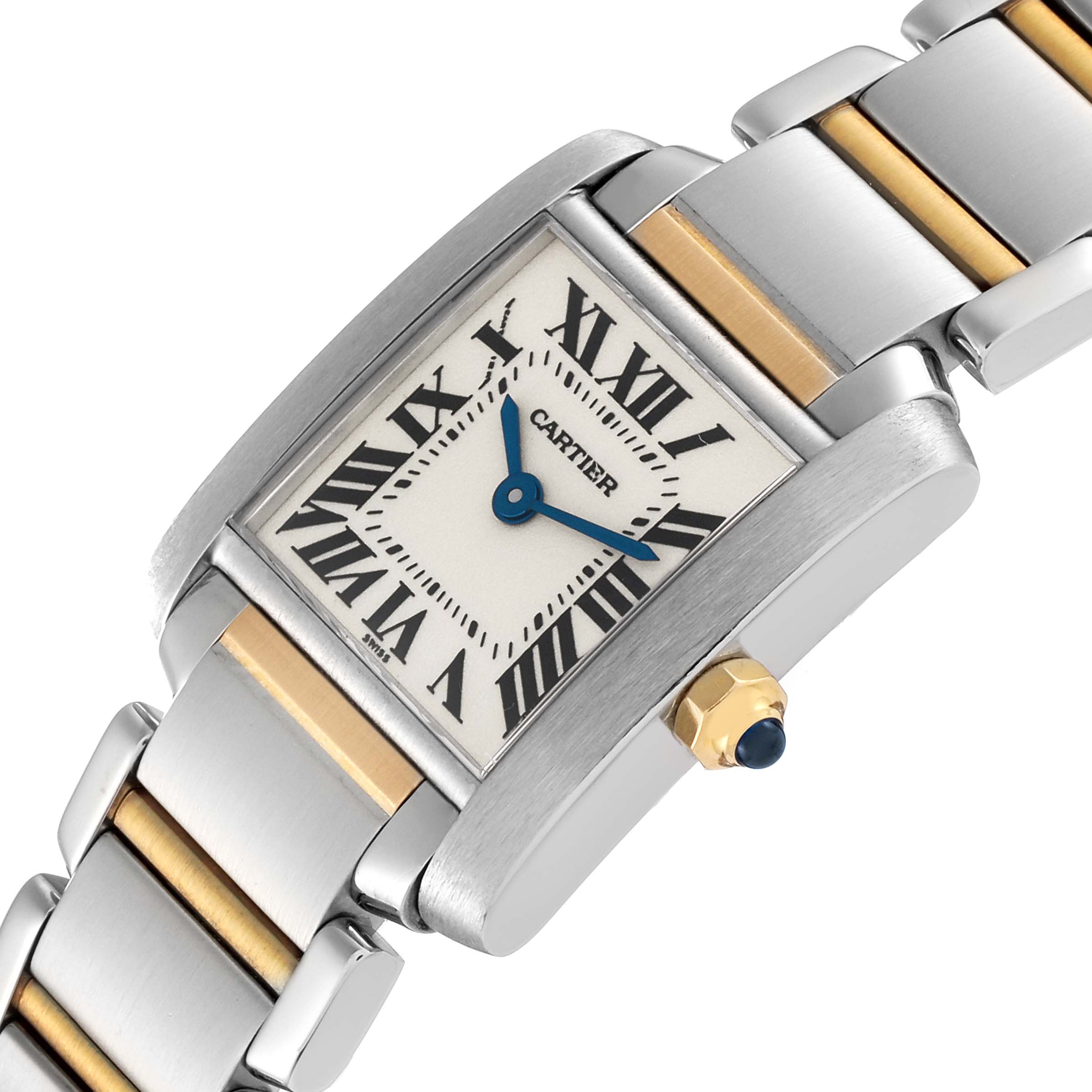The image shows a close-up angled view of the Cartier Tank Française watch, highlighting its dial, case, and bracelet.