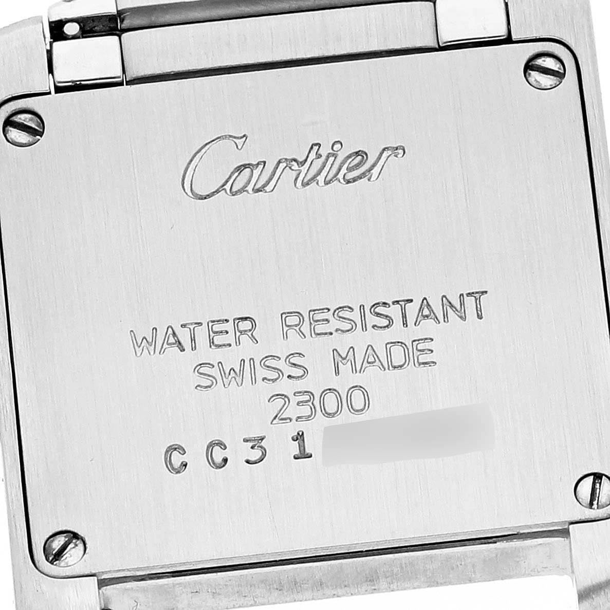 The image shows the backside and case markings of a Cartier Tank Francaise W51007Q4 Women
s Steel and Gold (two tone) Silver Dial W51007Q4 Women
s Steel and Gold (two tone) Silver Dial model watch.