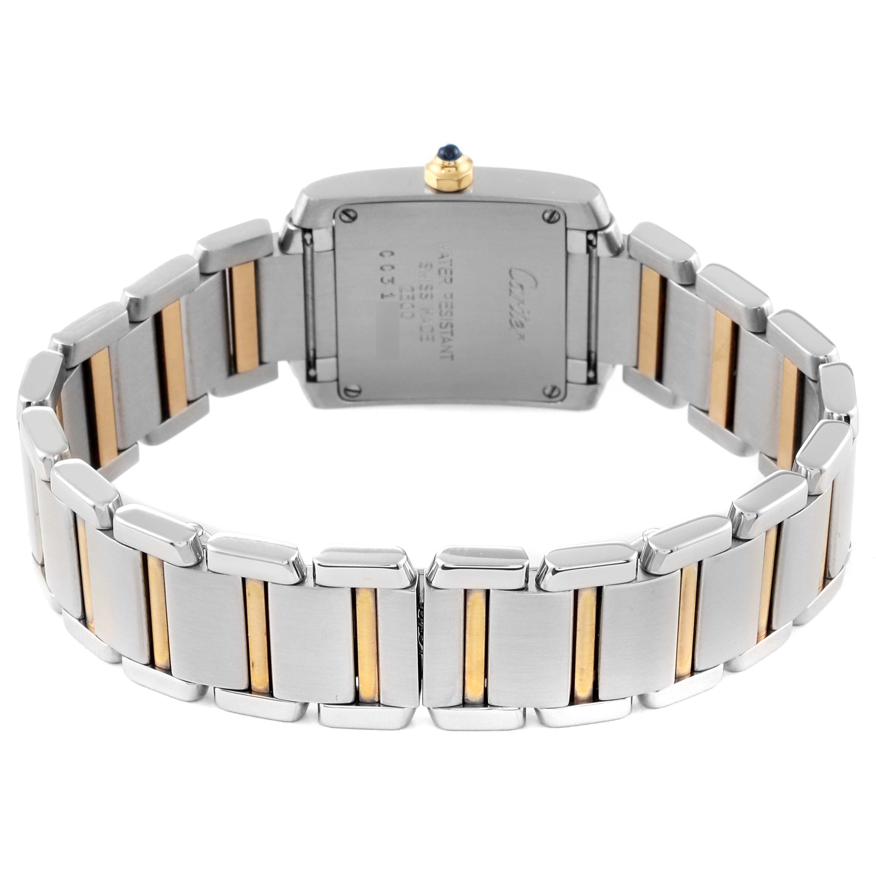 The image shows the back and bracelet of a Cartier Tank Francaise W51007Q4 Women
s Steel and Gold (two tone) Silver Dial W51007Q4 Women
s Steel and Gold (two tone) Silver Dial watch, featuring a two-tone metal design.