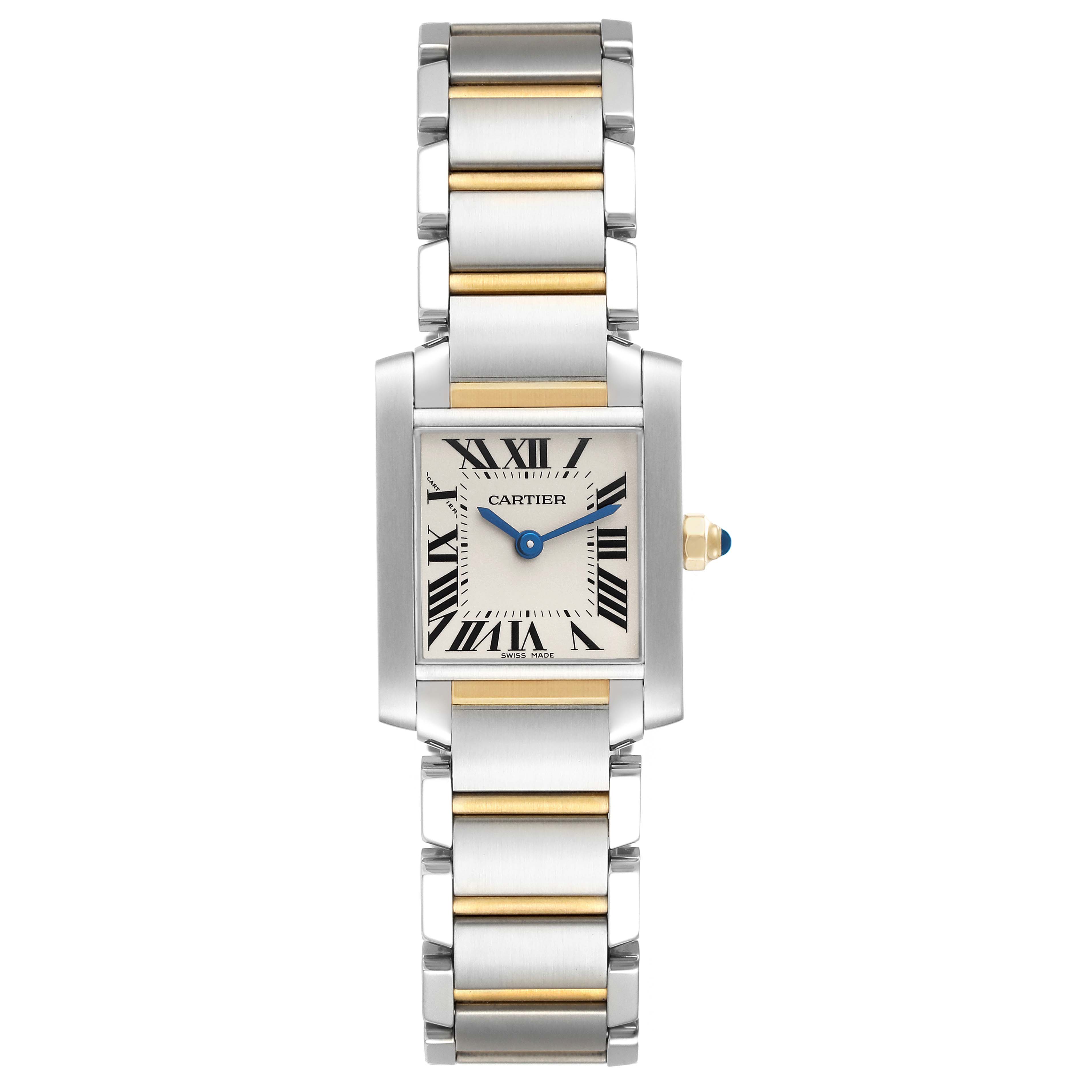 The image shows a front view of a Cartier Tank Francaise W51007Q4 Women
s Steel and Gold (two tone) Silver Dial W51007Q4 Women
s Steel and Gold (two tone) Silver Dial watch, highlighting the dial, bracelet, and crown.
